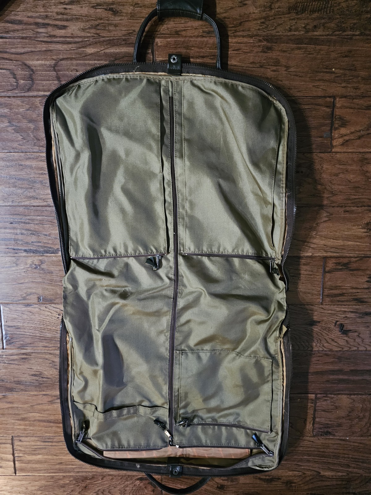 2 pc Yves Saint Laurent YSL Leather Trim Olive Weekender Bag and Garment bag vtg