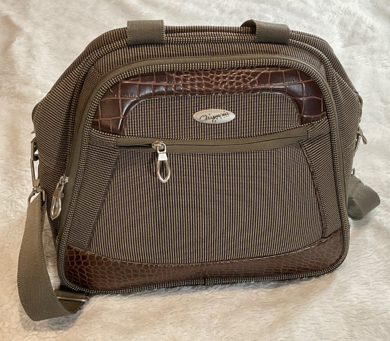 Olympia Vintage Travel Tote Bag – Brown Tweed with Faux Crocodile Trim