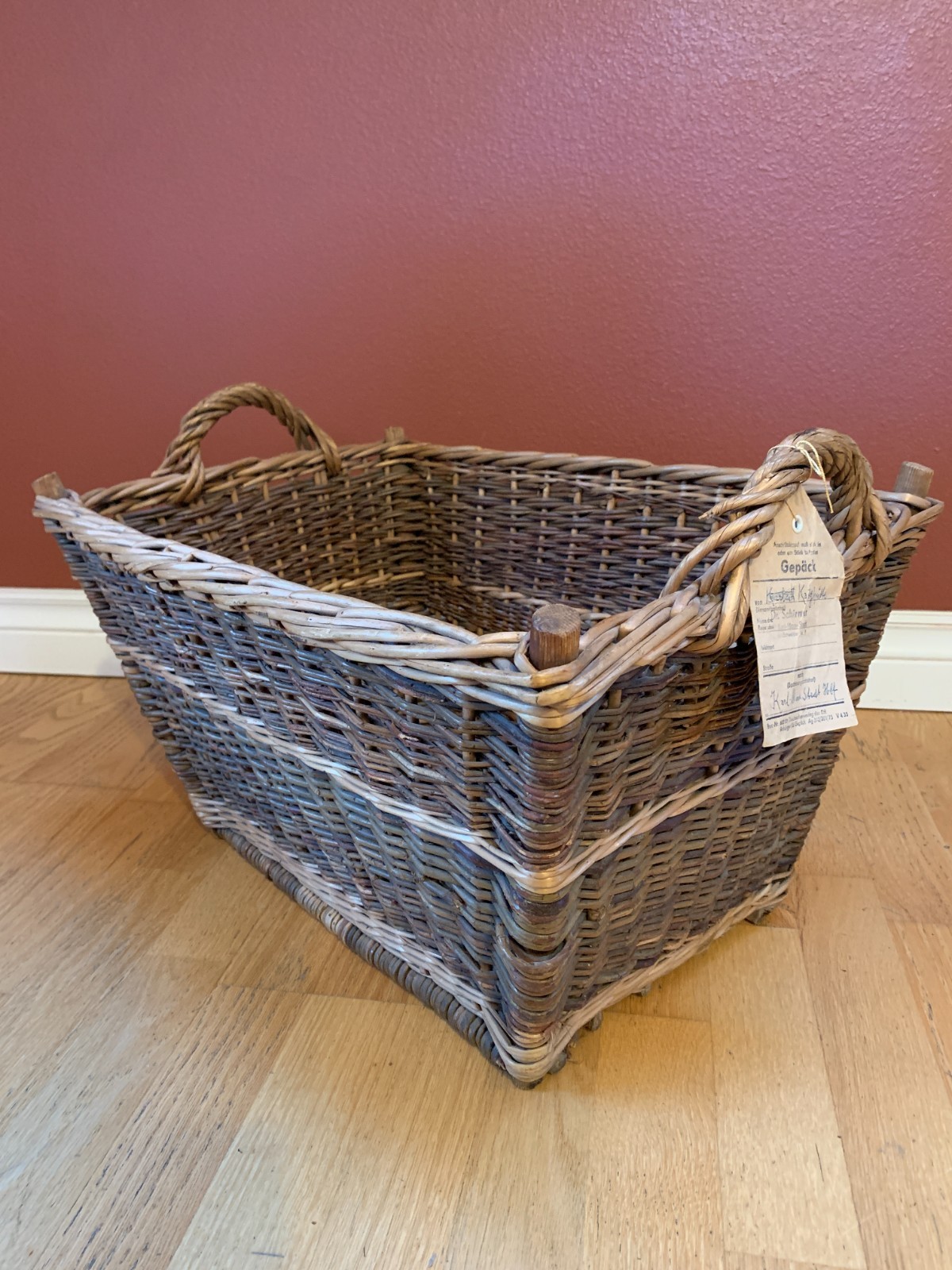 Vintage Woven Basket w/ Original Deutsche Reichsbahn Luggage Tag Karl‑Marx‑Stadt