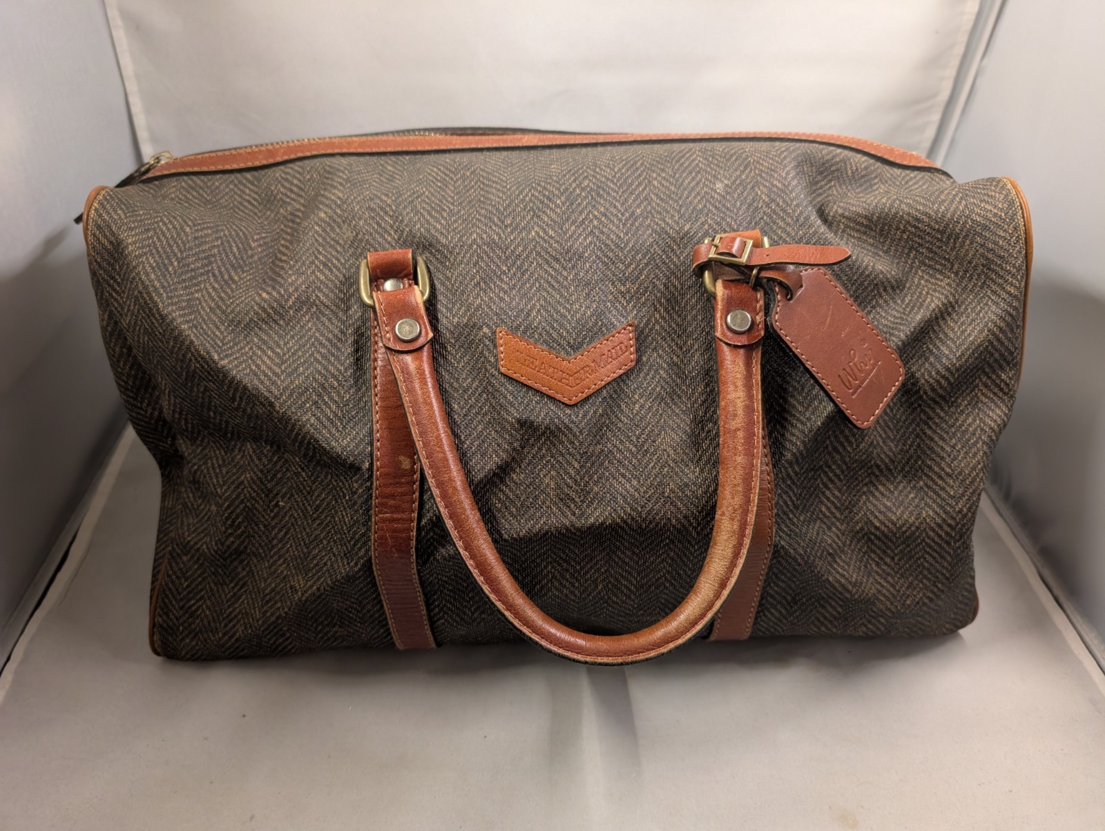 WHY Leather Mall Herringbone Duffel Bag Brown Tweed Weekender Leather Tote