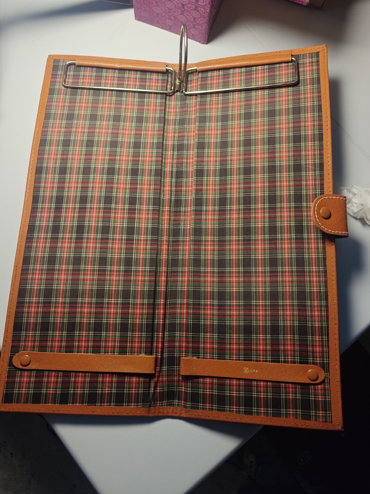 Vintage Rumpp Leather Tie Travel Case Plaid Lined Hanging Tie Valet Organizer