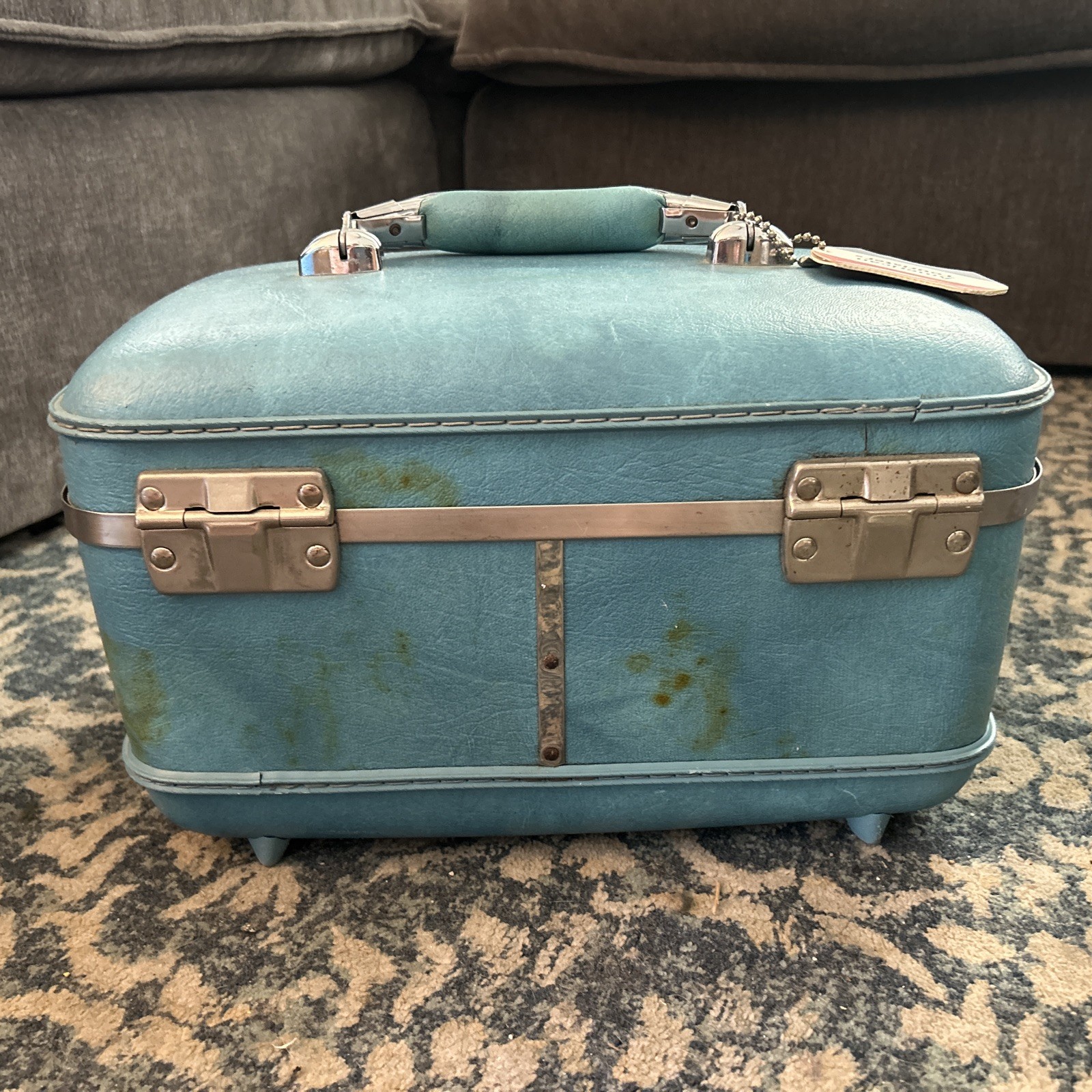 Vintage American Tourister Escort Blue Train Case Mid Century Hard Shell w Tray