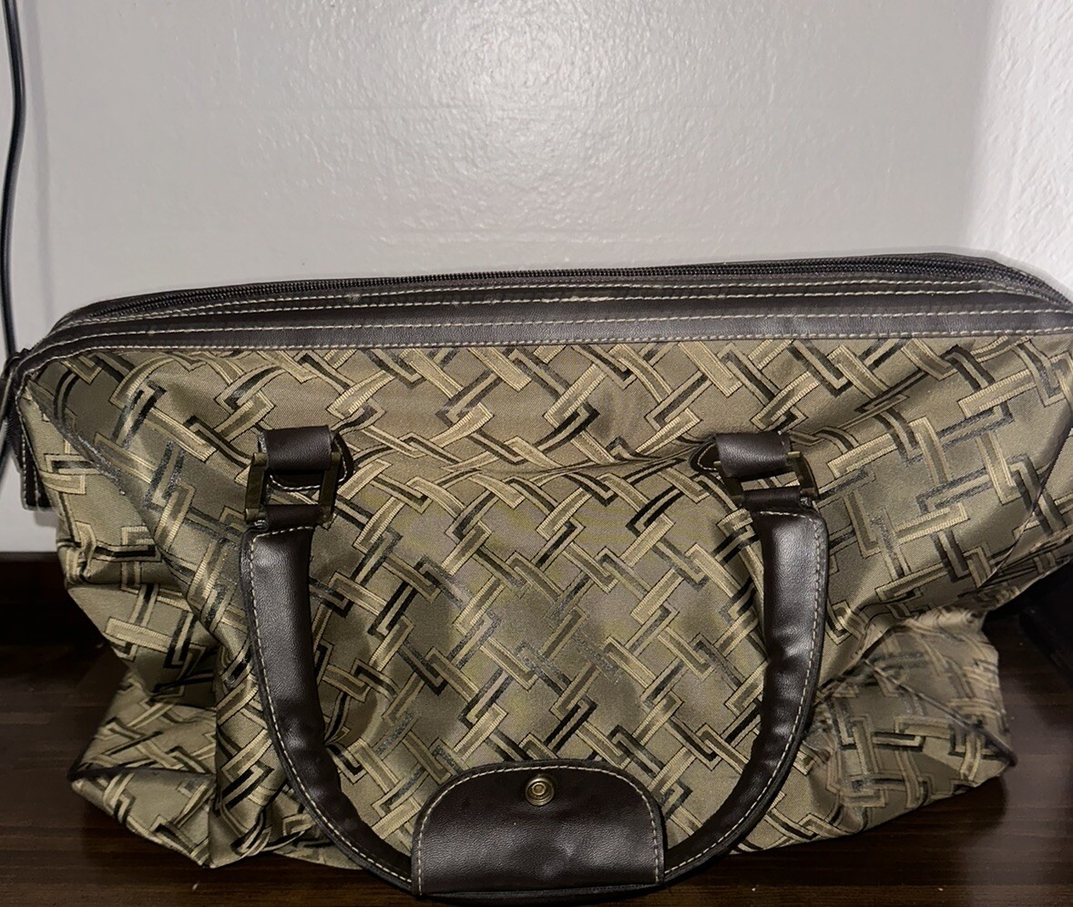 Vintage OLEG CASSINI Travel Bag Tote Navy Gray Gold Vinyl Leather Handles Trim