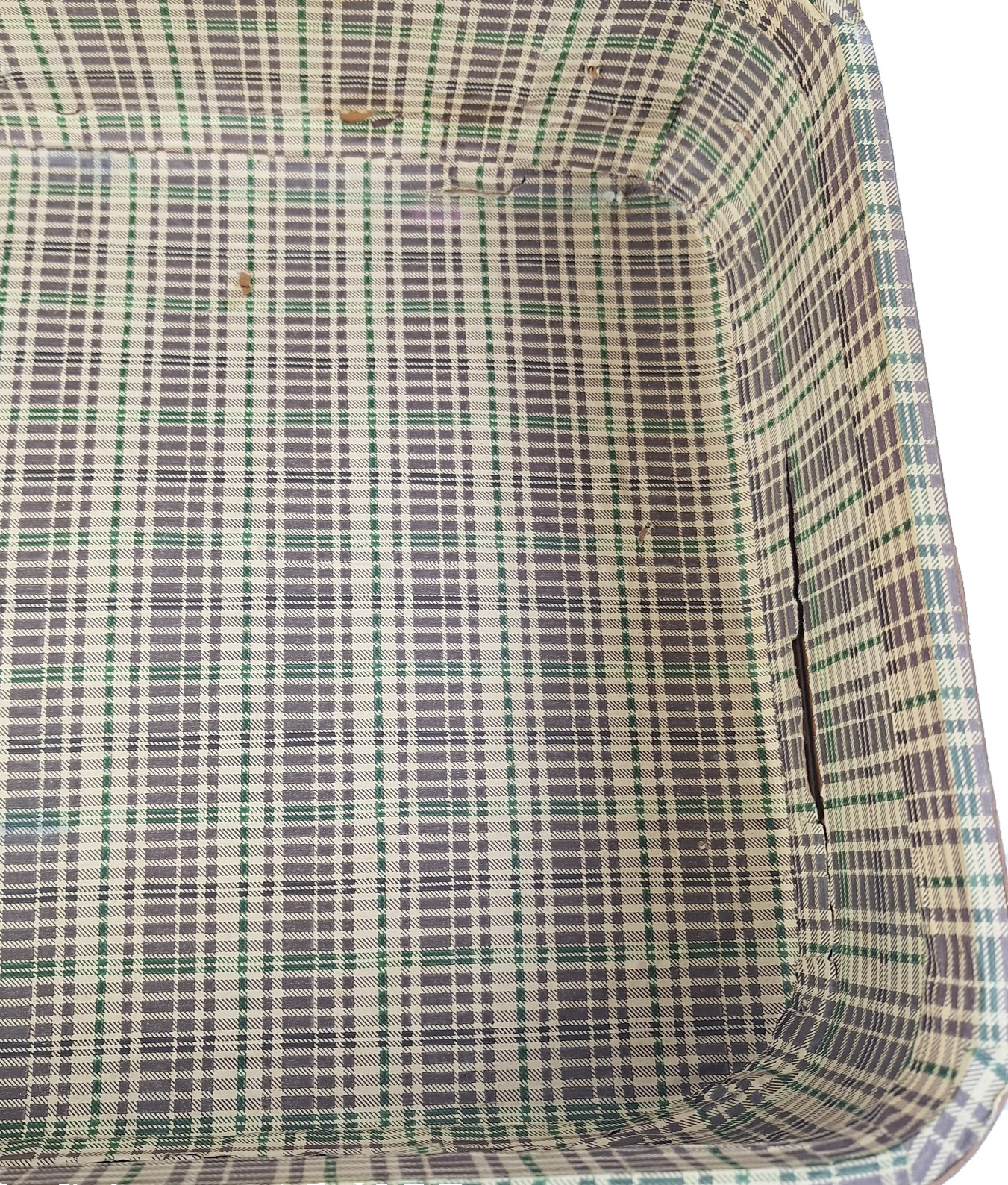 VTG Green Suitcase Original Travel Labels Mid Century Plaid Interior 1940s