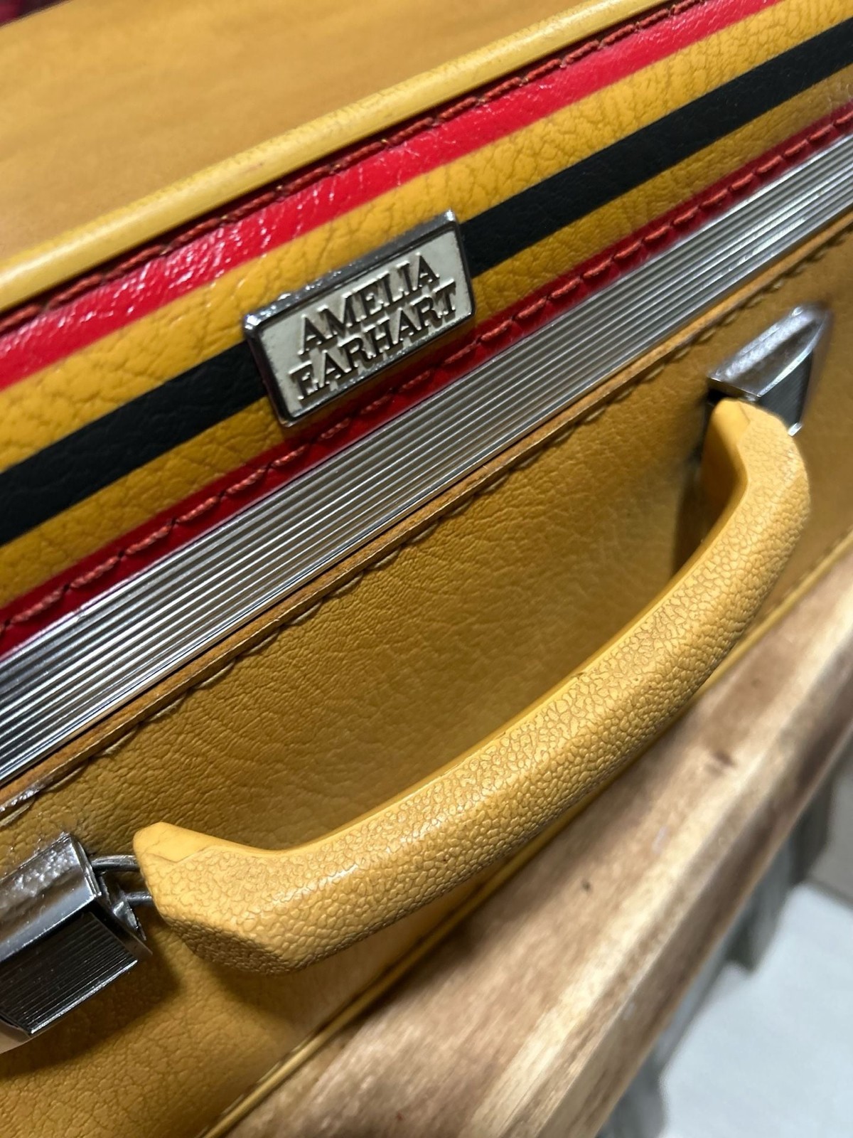 Vintage Amelia Earhart Mustard Yellow Hardside Train Case w/ Red/ Black Stripes