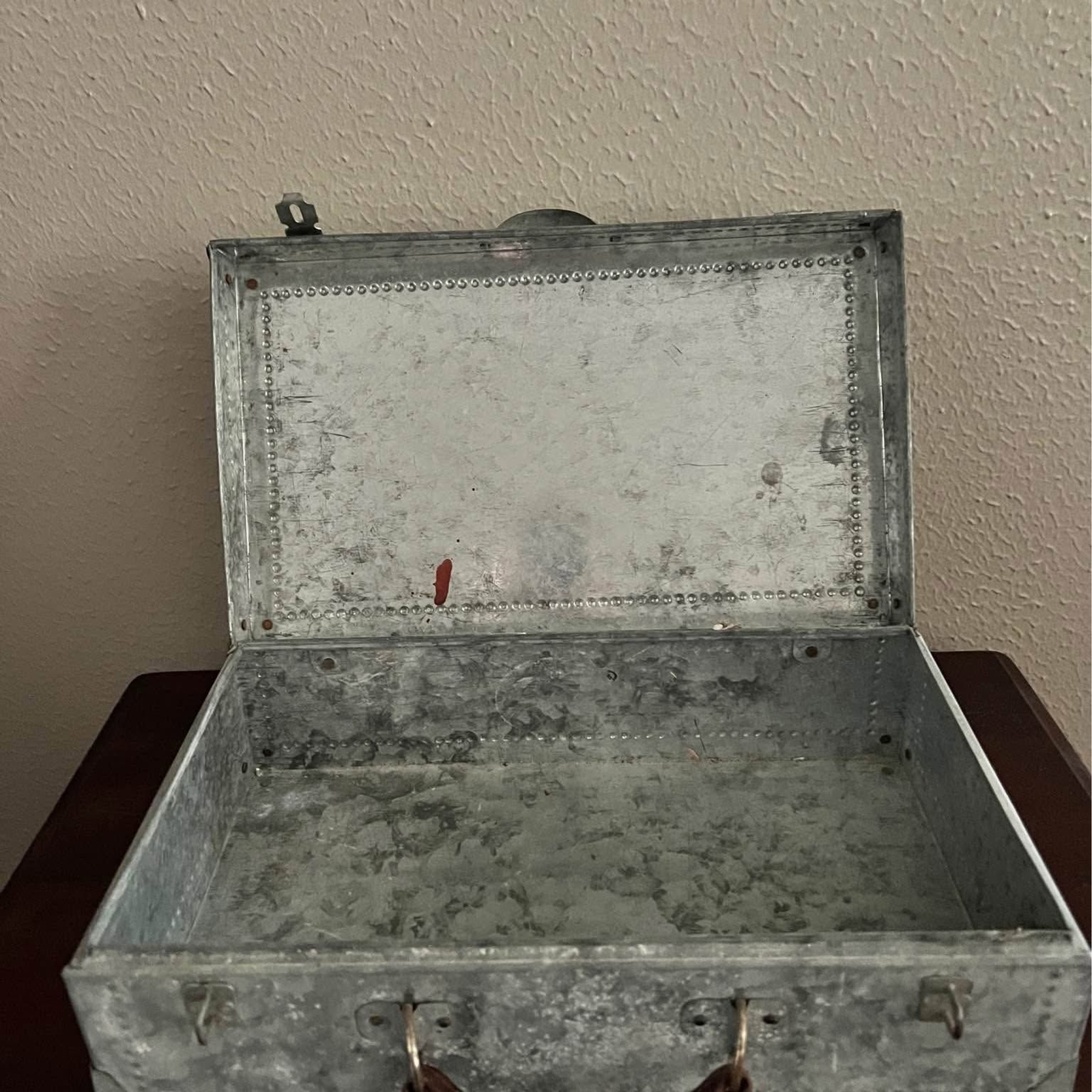 Vintage Aluminum Leather Handle Suitcase with Hasp Staple Closure for Locks