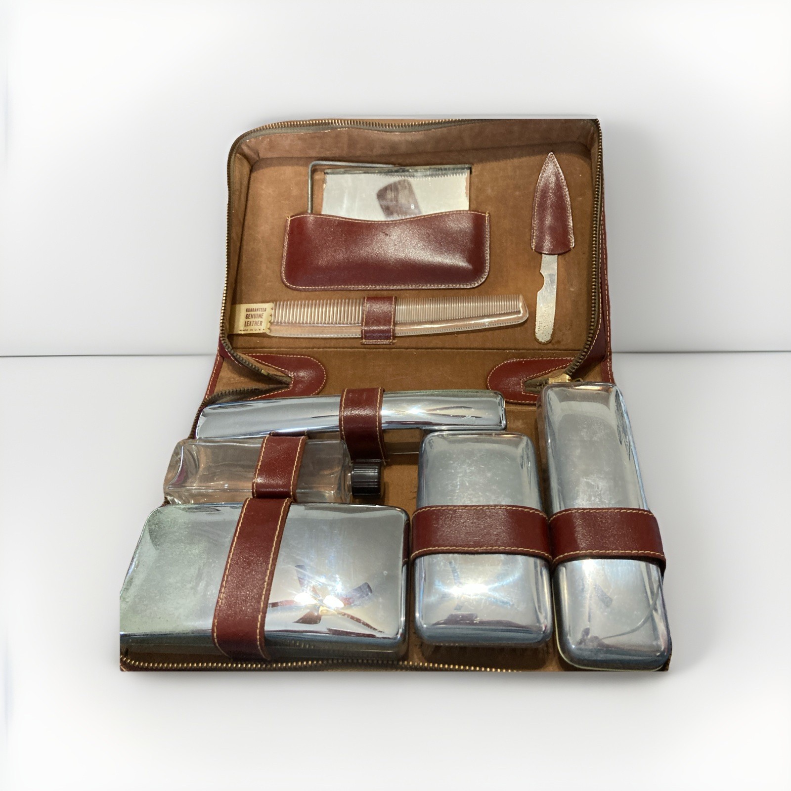 Men’s Traveling Vanity Grooming Set Leather Case USA 1950s 9pc MCM Never Used