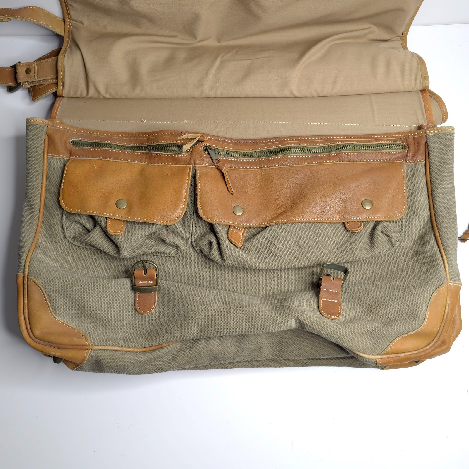 Vintage Safari Style Travel Bag Portfolio Canvas Leather Strap Case