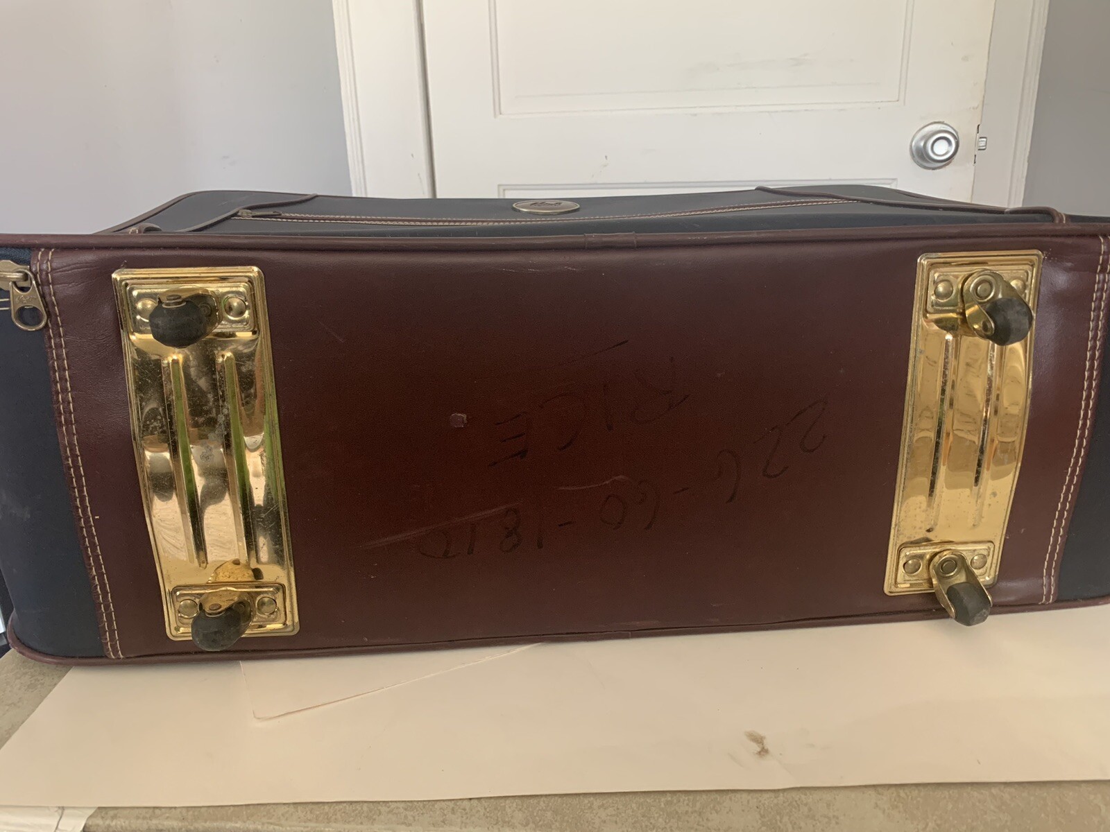 Vintage Verdi Suitcase Navy Blue With Brown Trim Very Good Condition