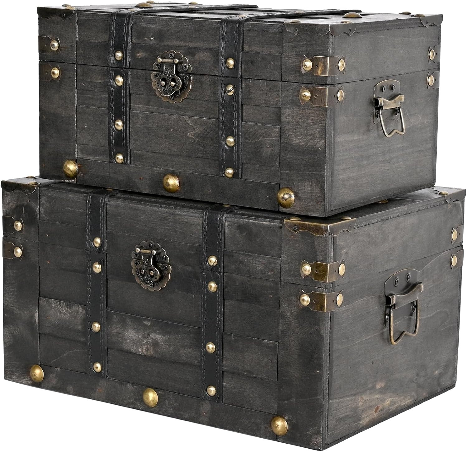 Wooden Vintage Luggage Trunks Set of 2, Decorative Antique Suitcase Storage Boxe