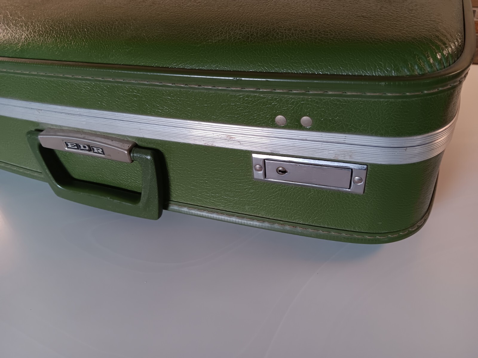 Vintage Avocado Green 2 Piece Nesting Luggage 1960s Hardshell. Initialed EDR.