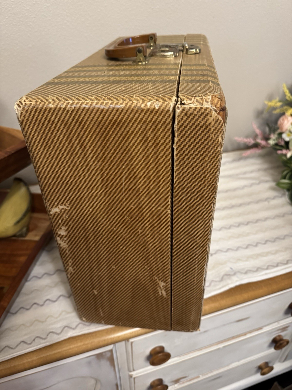 Suitcase Vintage Large Tweed Brown Stripe NO Key