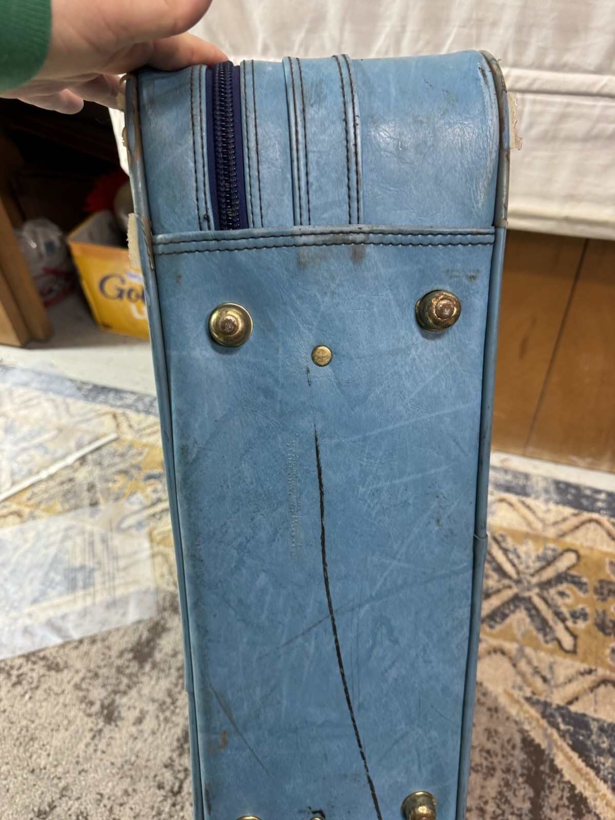 VTG 70s Blue Marbled Suitcase Retro PVC Vinyl Luggage Strap Buckle Taiwan Scuffs