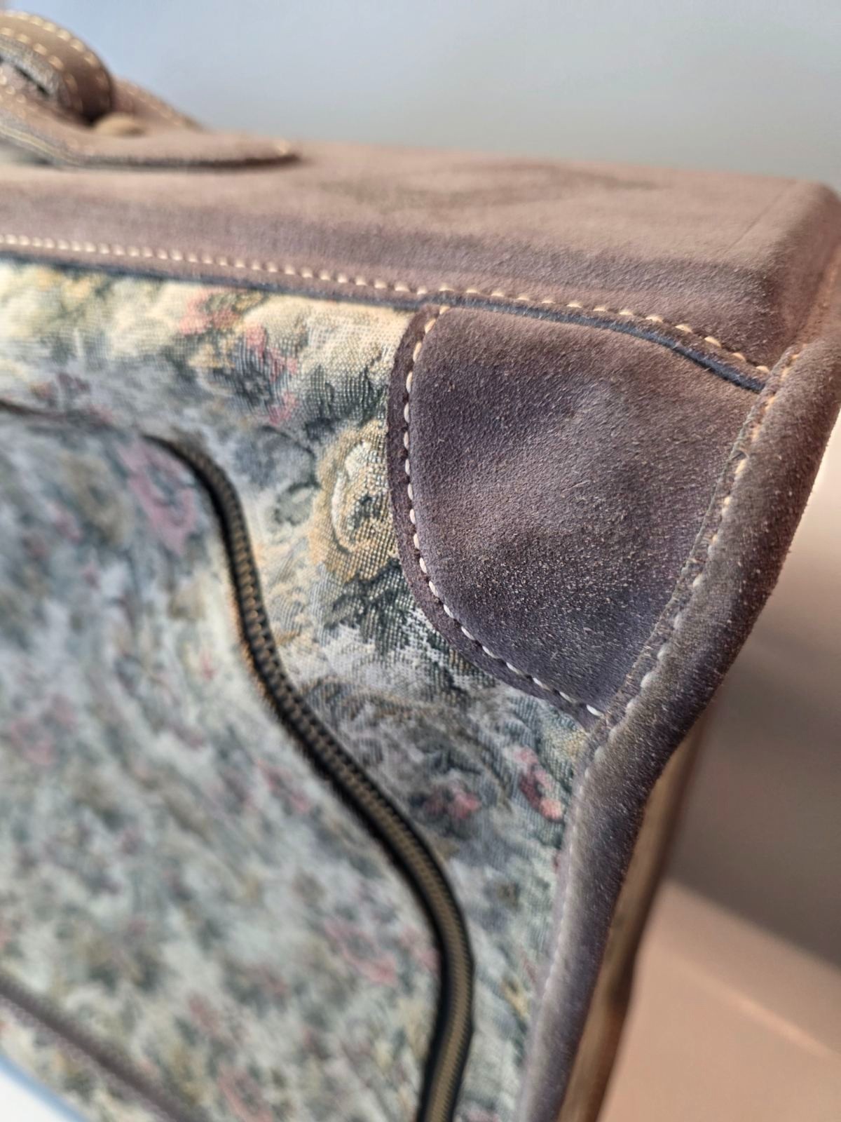 Vintage Suitcase French Luggage Co Gray Floral Rose Tapestry & Suede Leather 23″