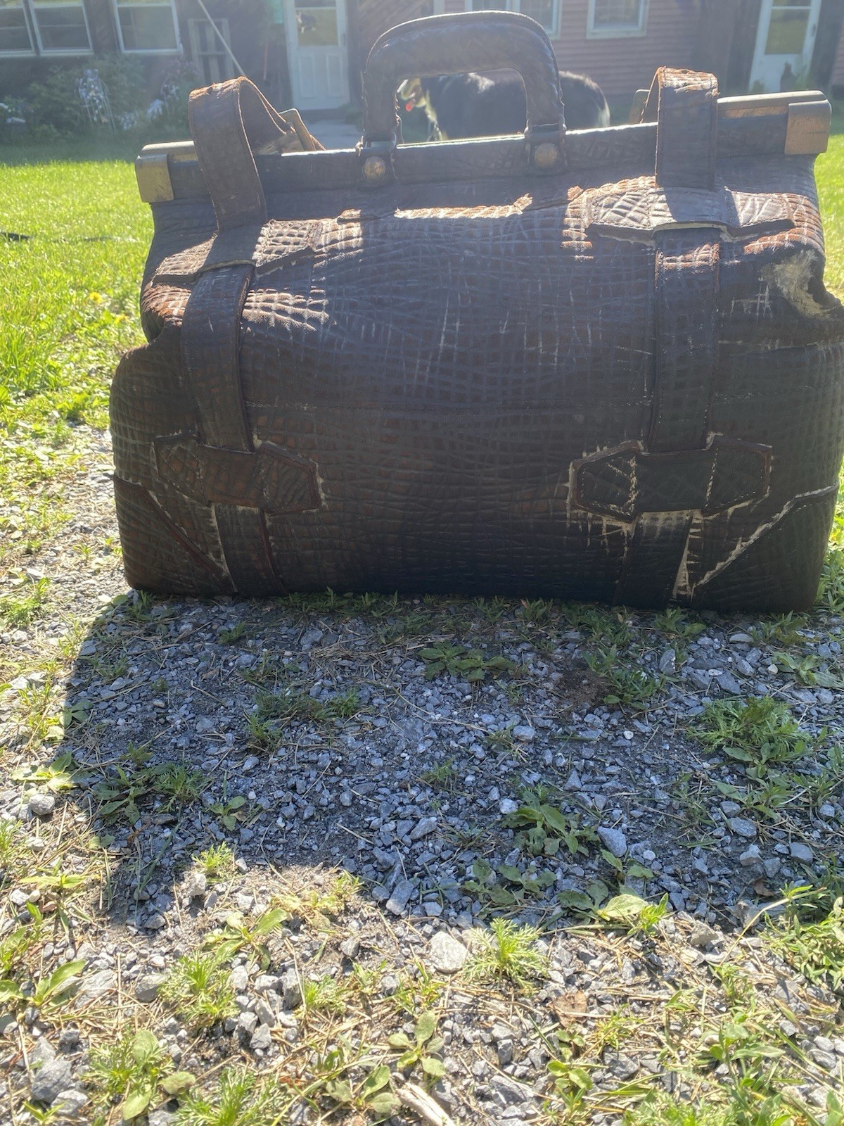 Antique Morris Traveling Goods Walrus Hide Leather Suitcase Brass Lock Vintage