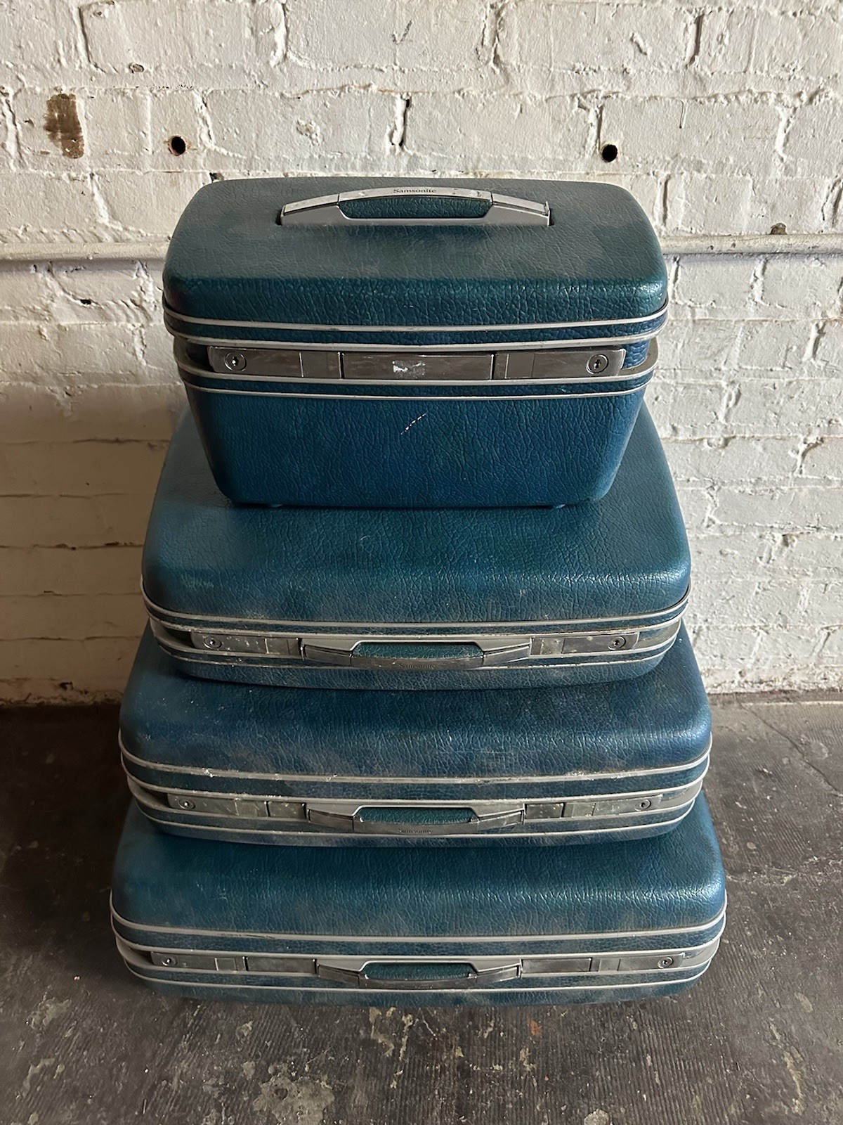 Vintage Teal Blue Green Suitcase Luggage Train Wardrobe Travel Overnight MCM MOD
