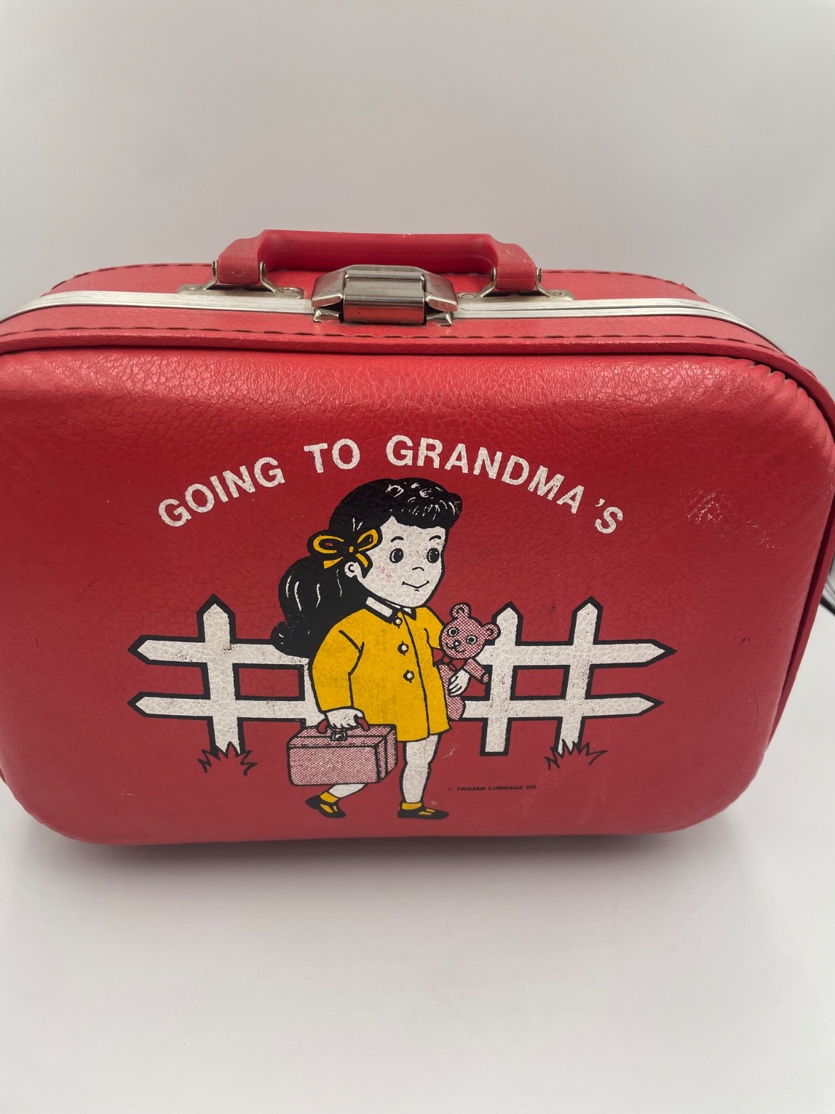Vintage 50s 60s Suitcase Trojan Luggage Company Retro Kids Going to Grandmas Red