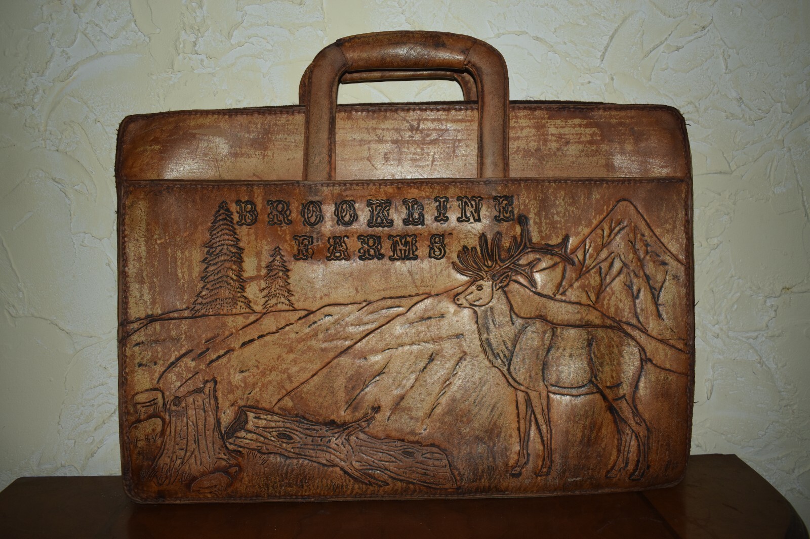Authentic Original Hand Tooled Briefcase Brookline Farm Scene And Wildlife Scene
