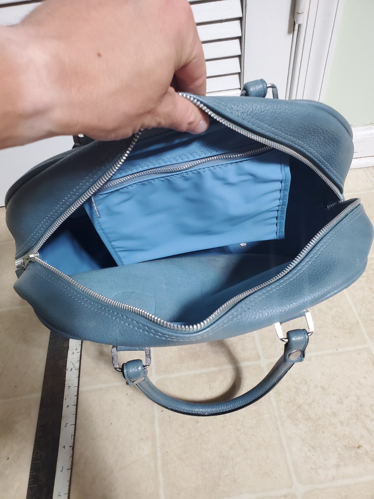 Vintage Slate Blue Faux Leather Purse Carry-On Travel Products Bag Made In Korea