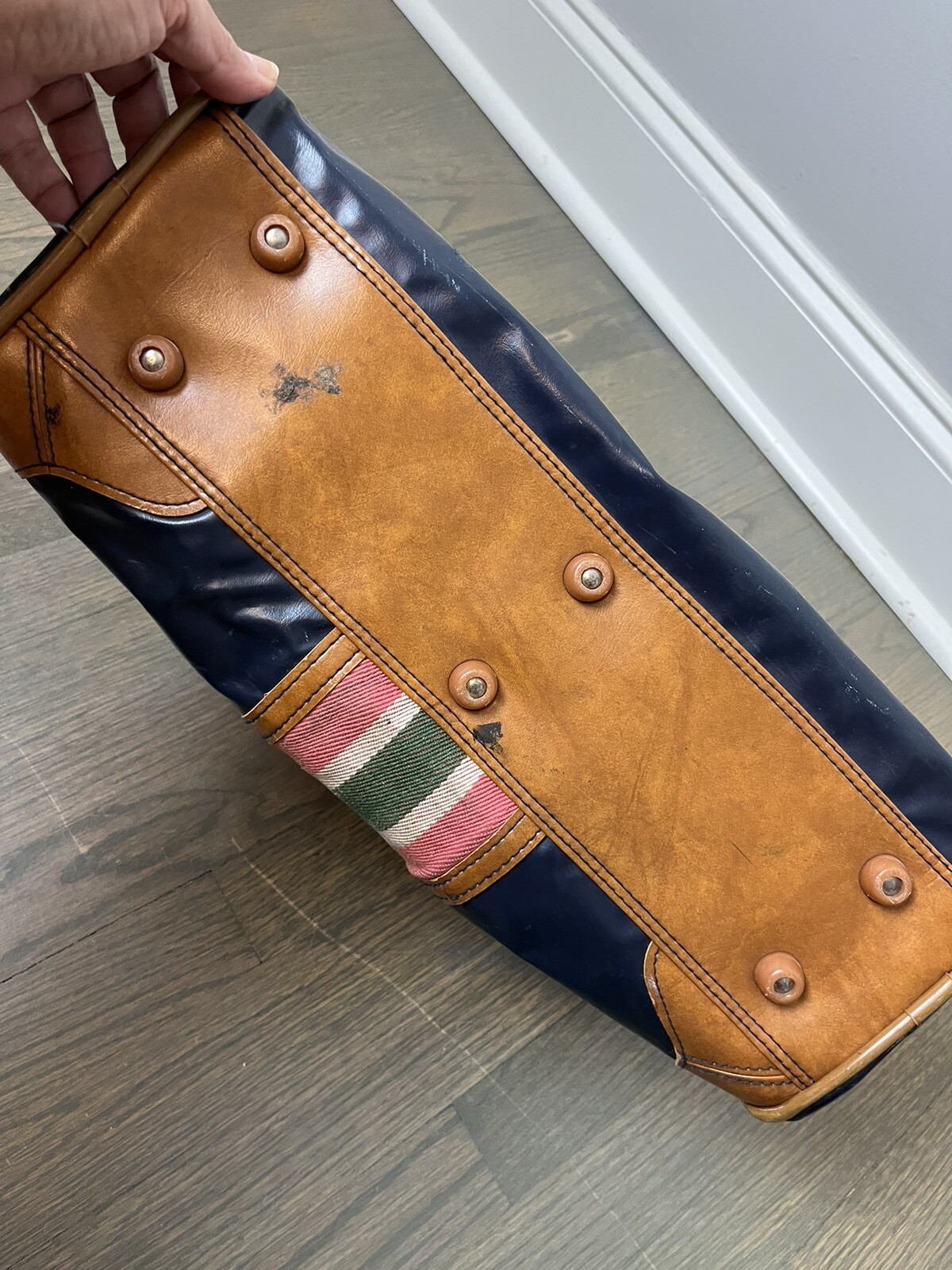 Vintage Skyway Luggage Duffle Bag Navy Blue Plastic Brown Trim Striped Canvas