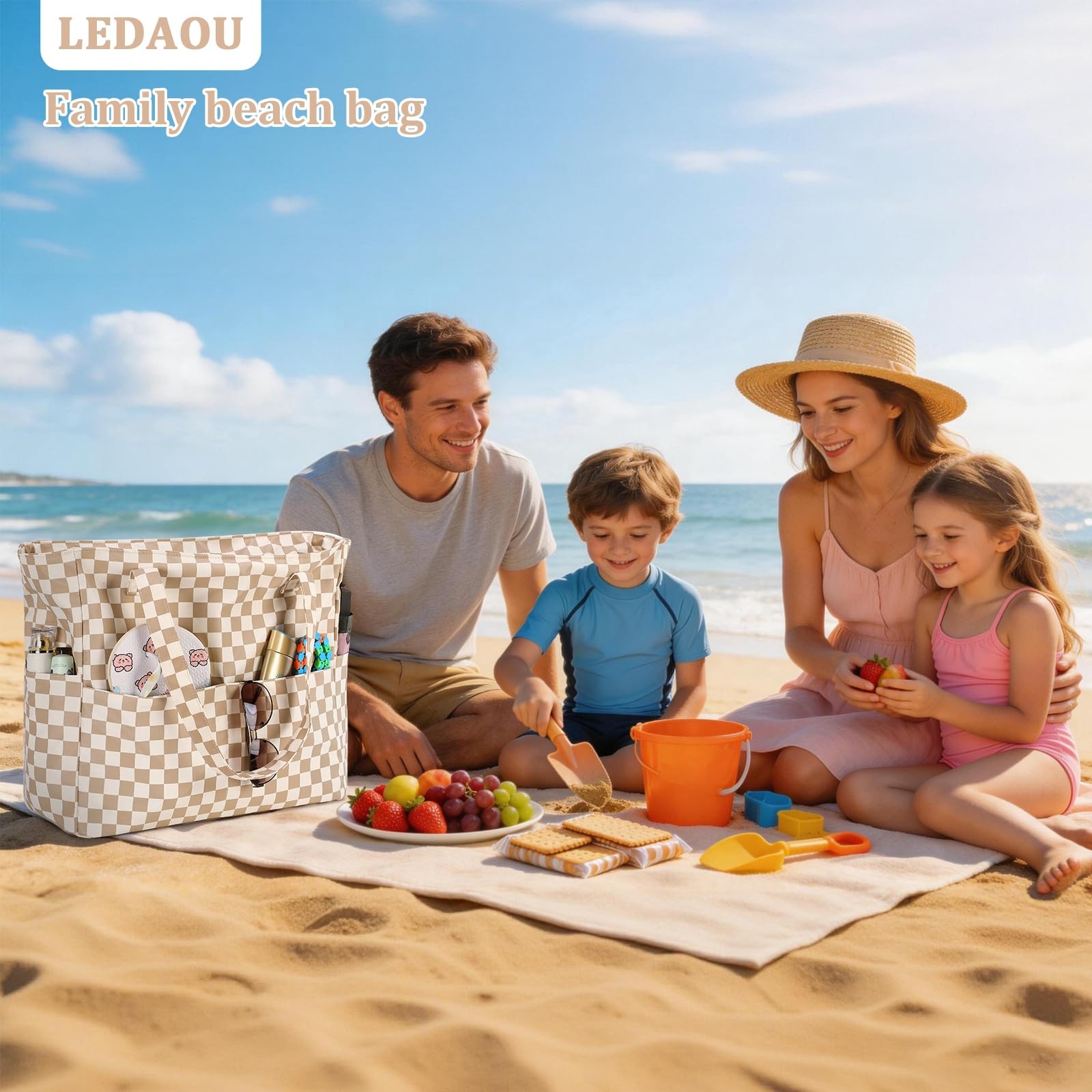 Ledaou Large Beach Tote Bag Women Waterproof Sandproof Zipper Beach Tote Bag