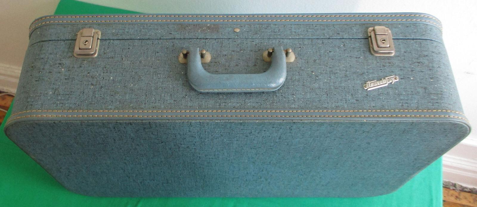 Vintage Travel Joy Suitcase Luggage Blue with Key & Protective Sleeve 23″ X 14″