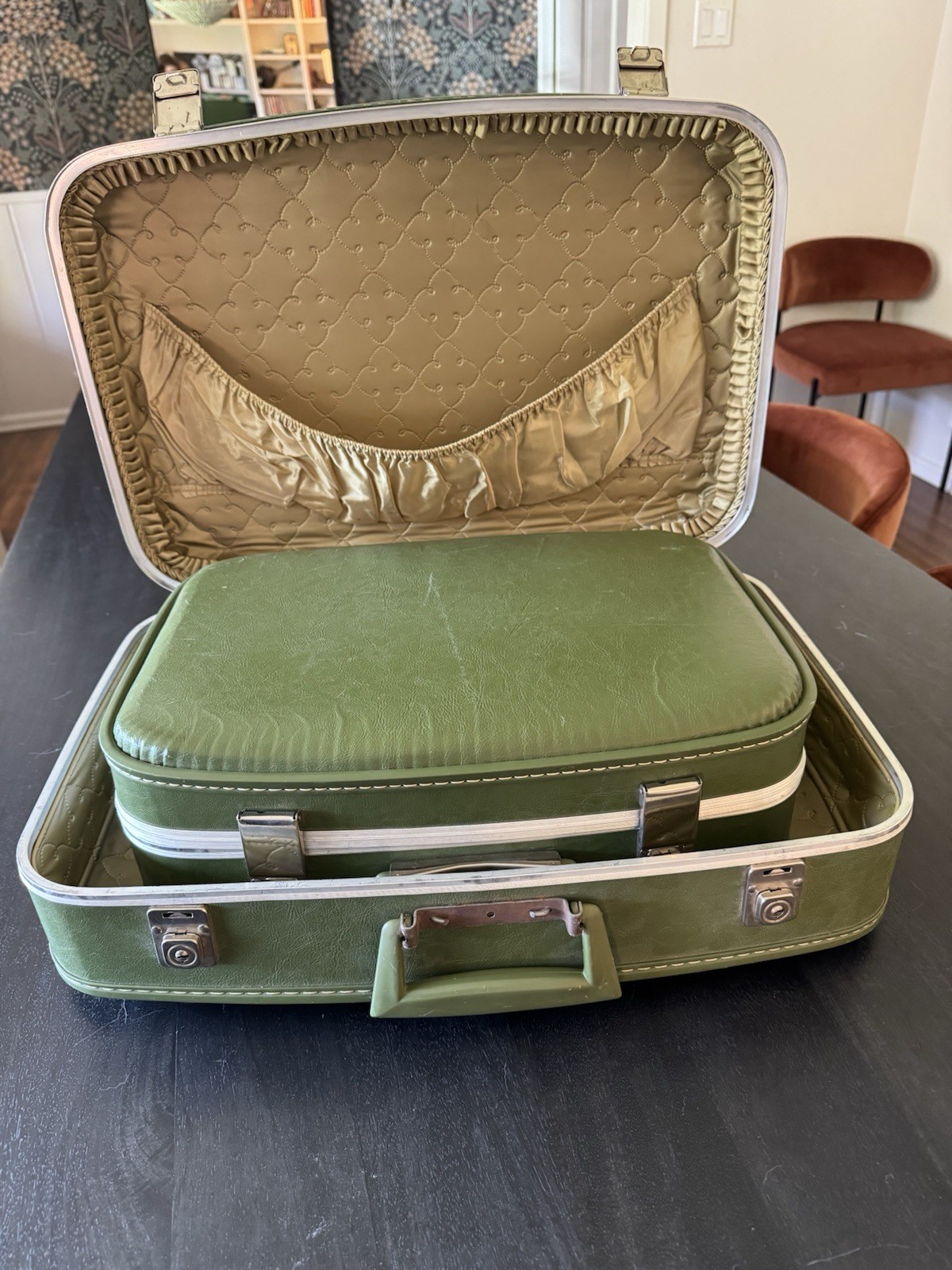 Vintage 1960s Green Vinyl Hard Shell Suitcase Set- Extra Compartments