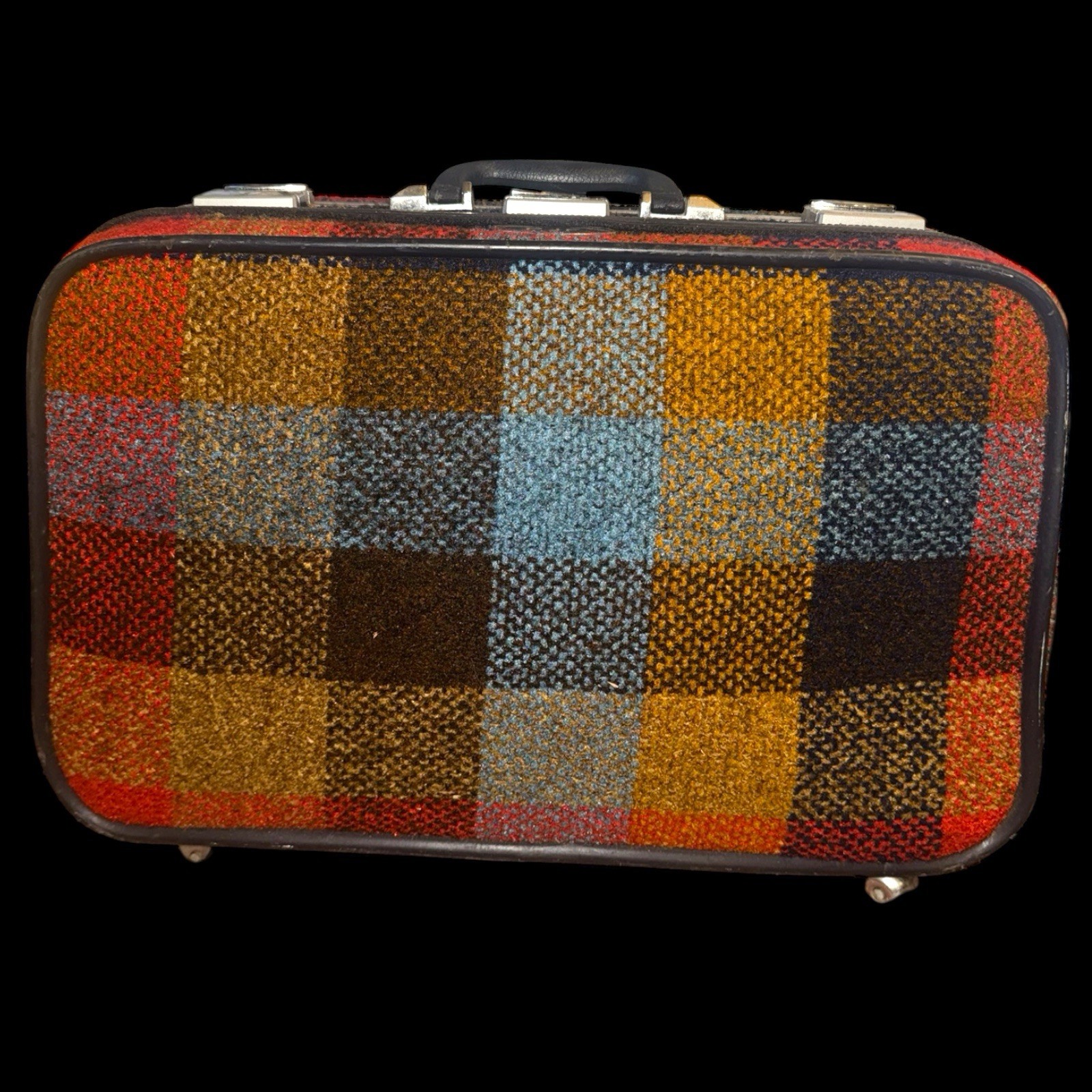 Vintage 1970’s Skyway Plaid Tweed Boho Hippie Luggage Rolling Suitcase