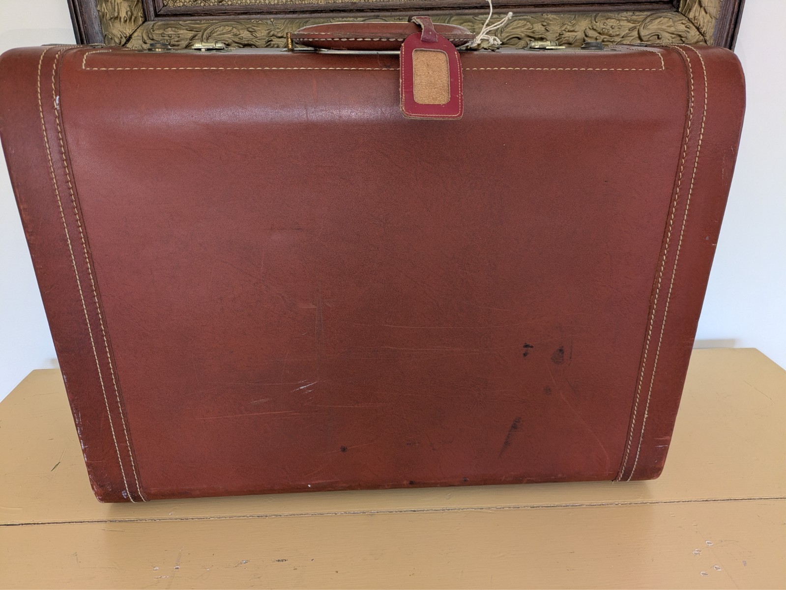 Vintage mid-century Saddle Tan Faux Leather Hard Shell Luggage Set
