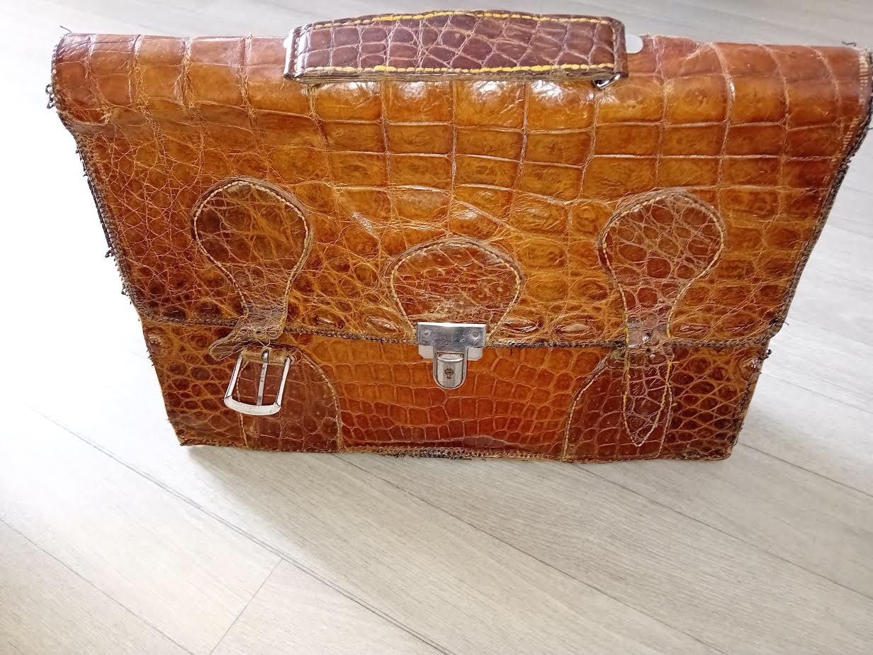 Antique Crocodile Leather Travel Luggage Suitcase / Vintage