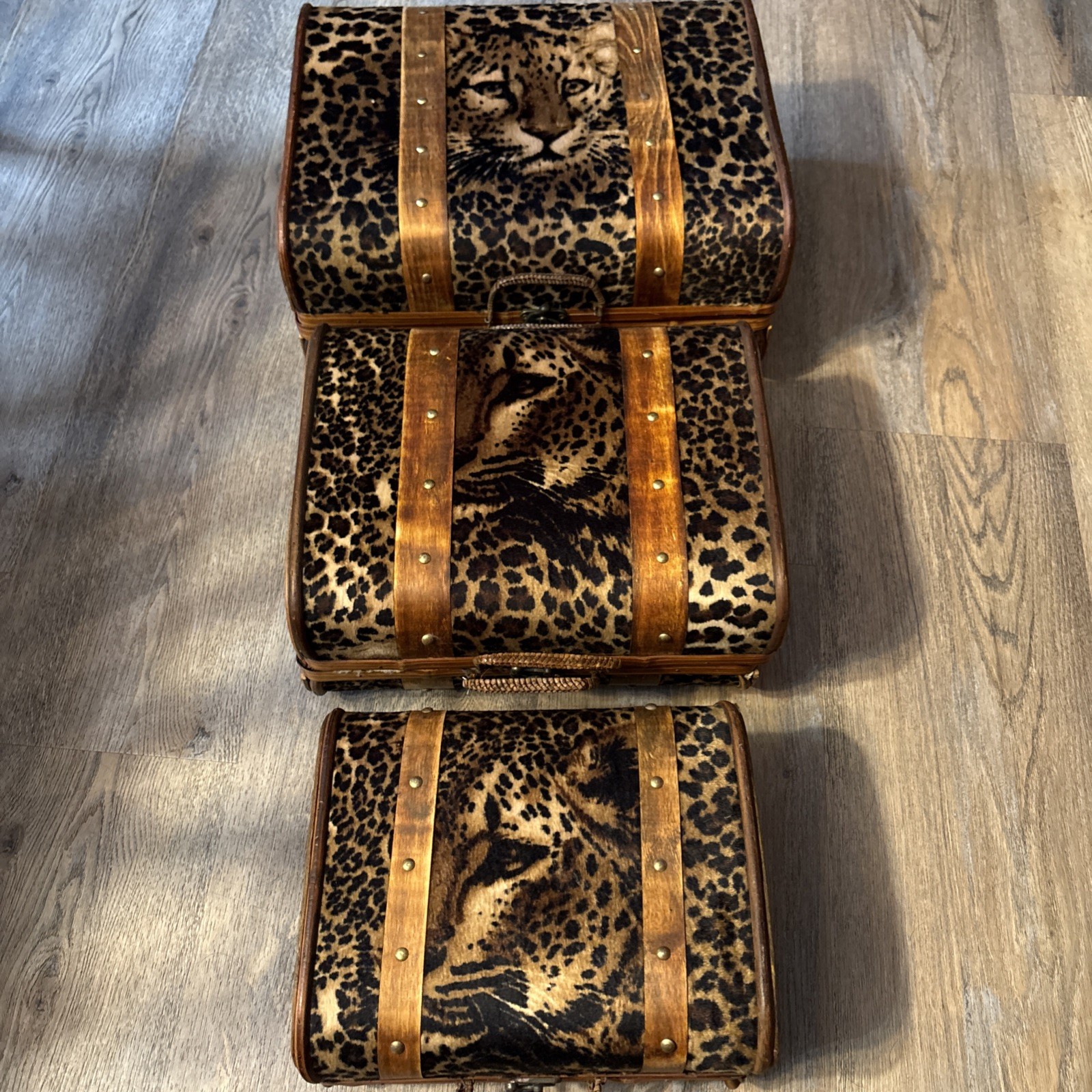 RARE Vtg 3-Pc Leopard Face Print Train Suitcases Purse Bamboo Trimmed Retro BOHO