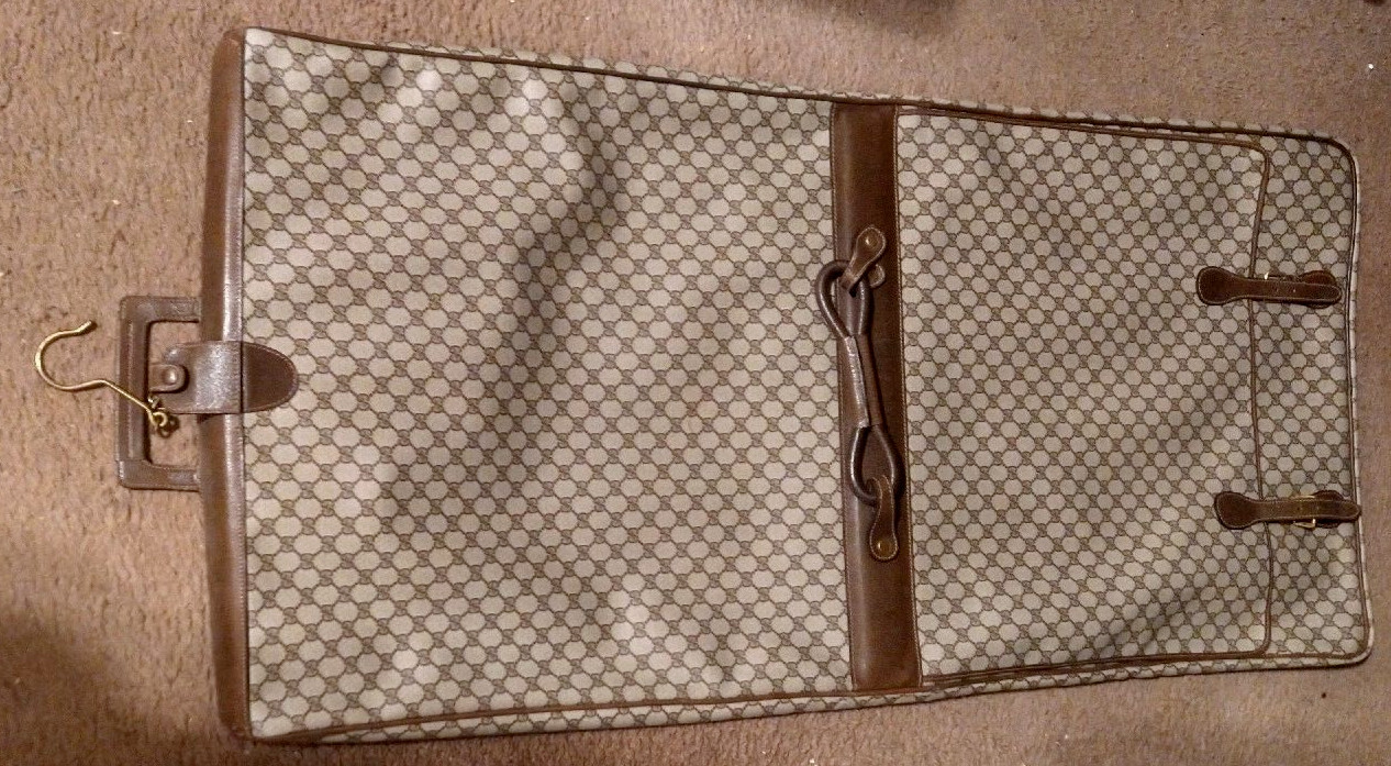 80s Vintage Authentic Large Gucci Brown GG Garment Bag with compartments