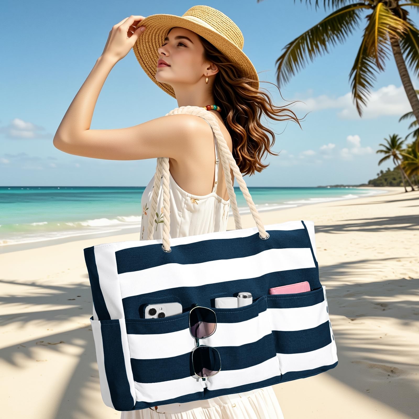 Oscaurt Beach Bags For Women Waterproof Sandproof Large Beach Tote Bag Canvas