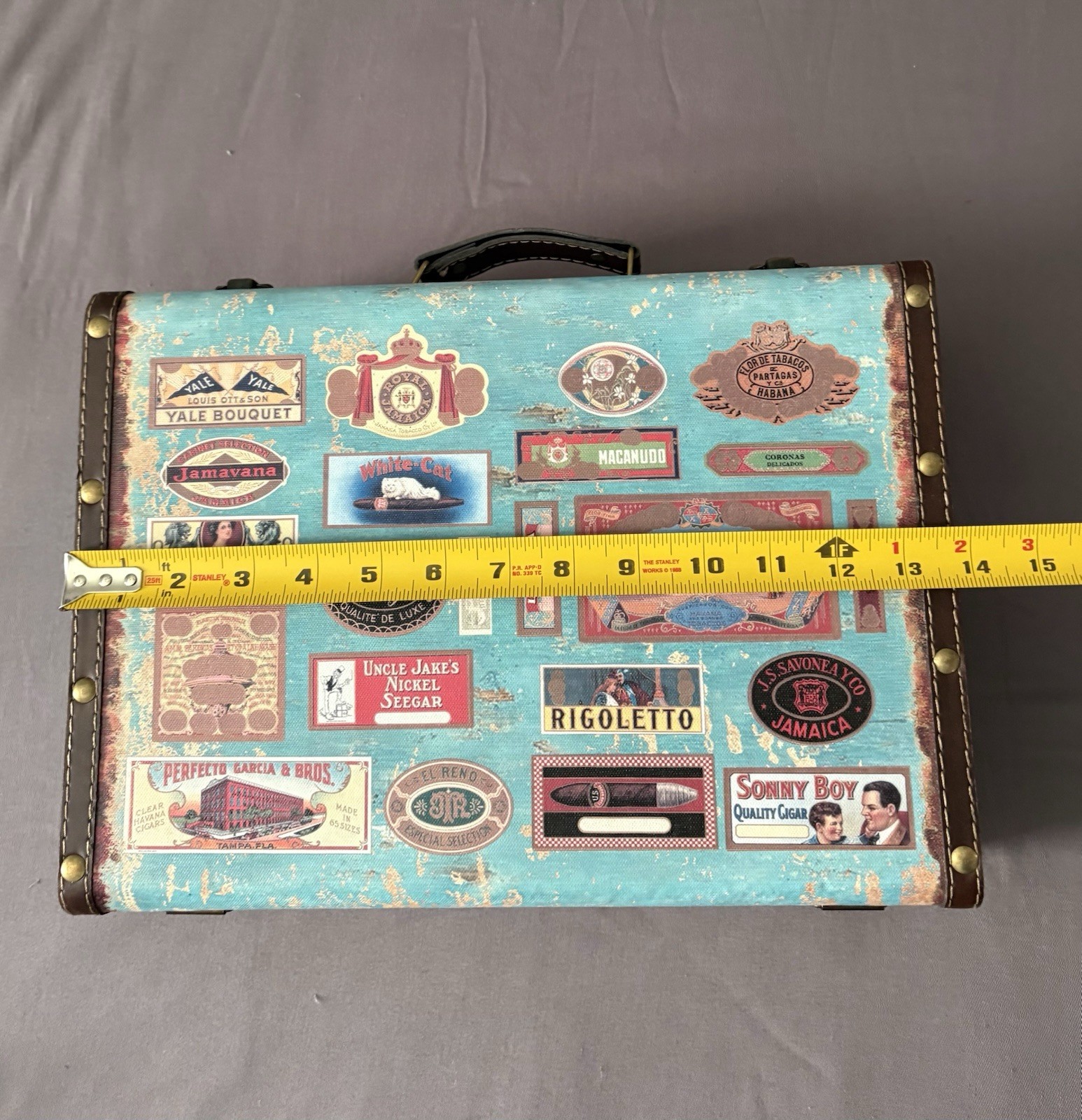 Vintage Look Suitcase with Travel Stickers Rustic Decor W/leather Studded Straps