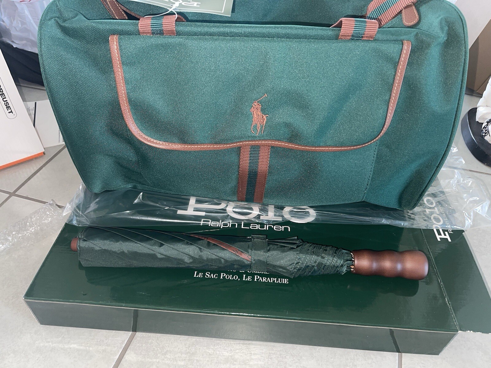 VINTAGE NWT Ralph Lauren Polo Green Travel Duo Duffle Bag & Umbrella Set RARE