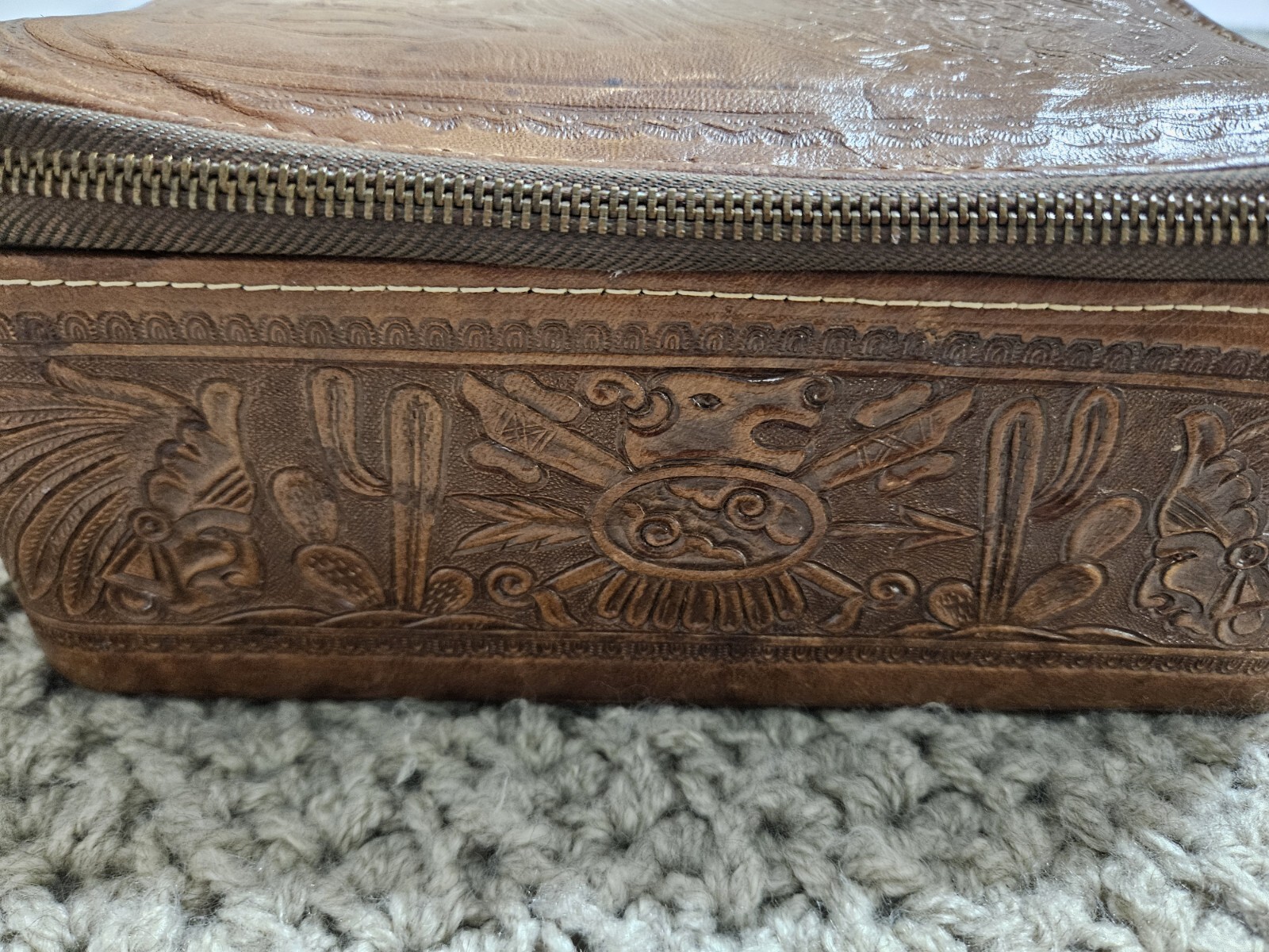 Antique Vintage 1930s Tooled Leather Toiletry Bag Great Condition Tiki Men Box
