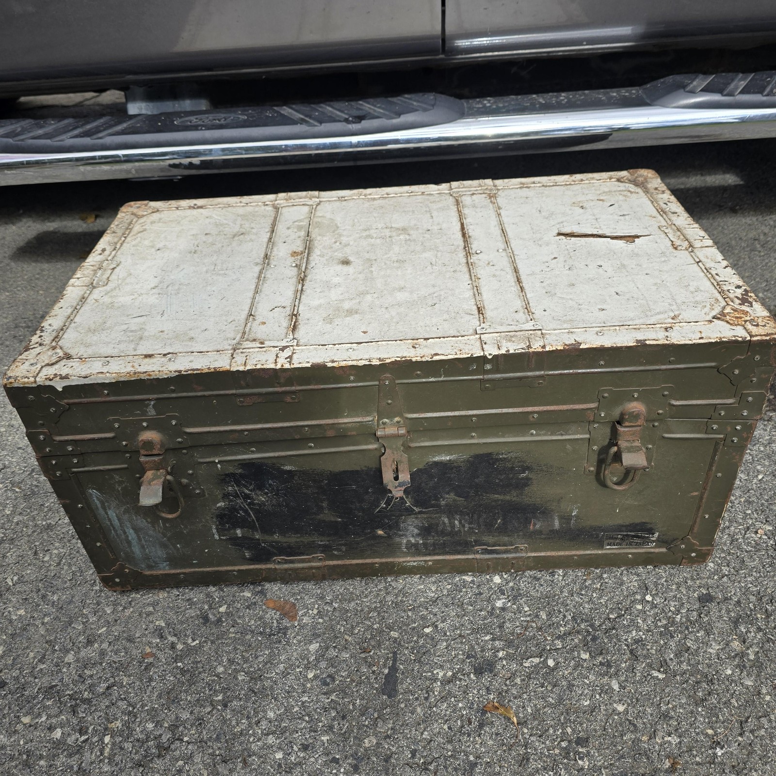 Vintage Military Metal Footlocker Trunk Olive Drab Storage Chest Made in Japan