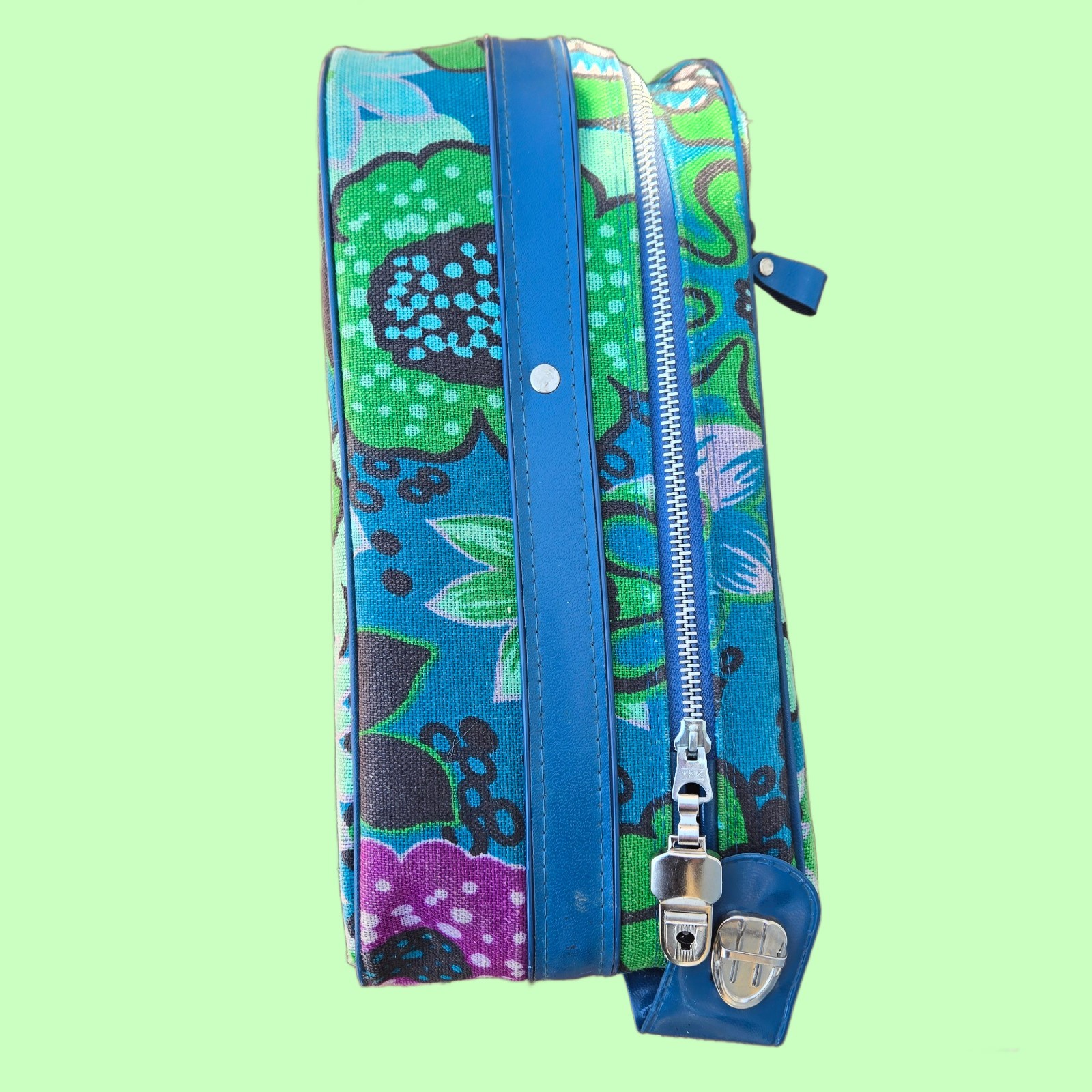 Vintage 60s Flower Power Suitcase Blue Floral Mod Overnight Bag Japan 19 x 13
