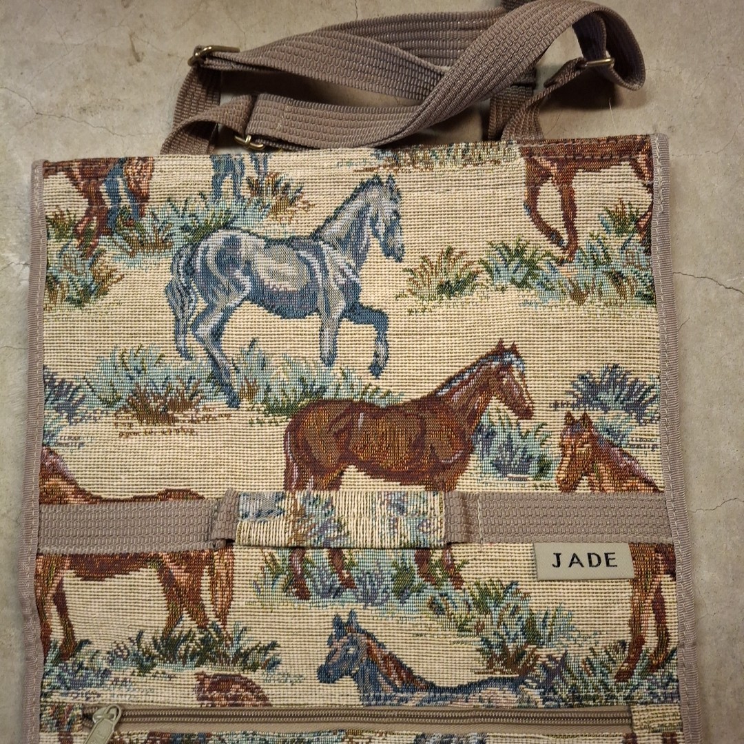Vtg Jade Tapestry Horses Travel bag Tote with wheels 1970s