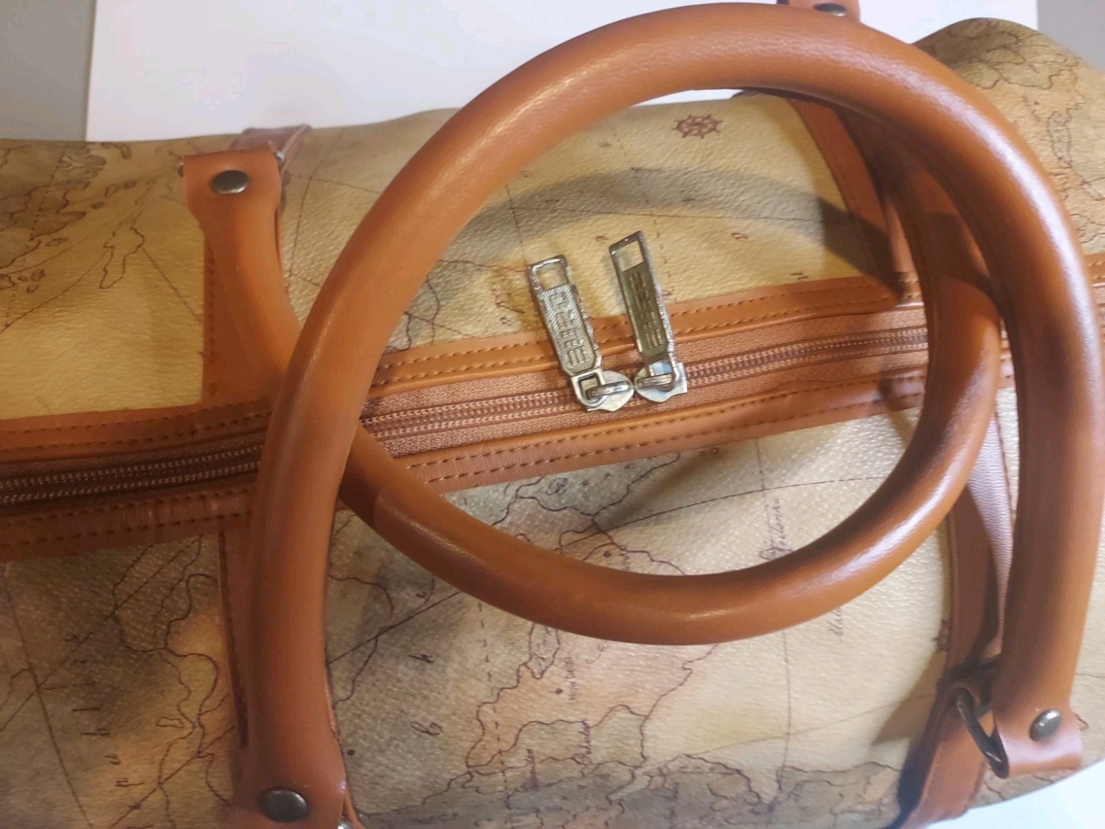 Vintage Euro Map Print Leather Duffle Bag Brown Tan Extra Compartment 20x10x12in