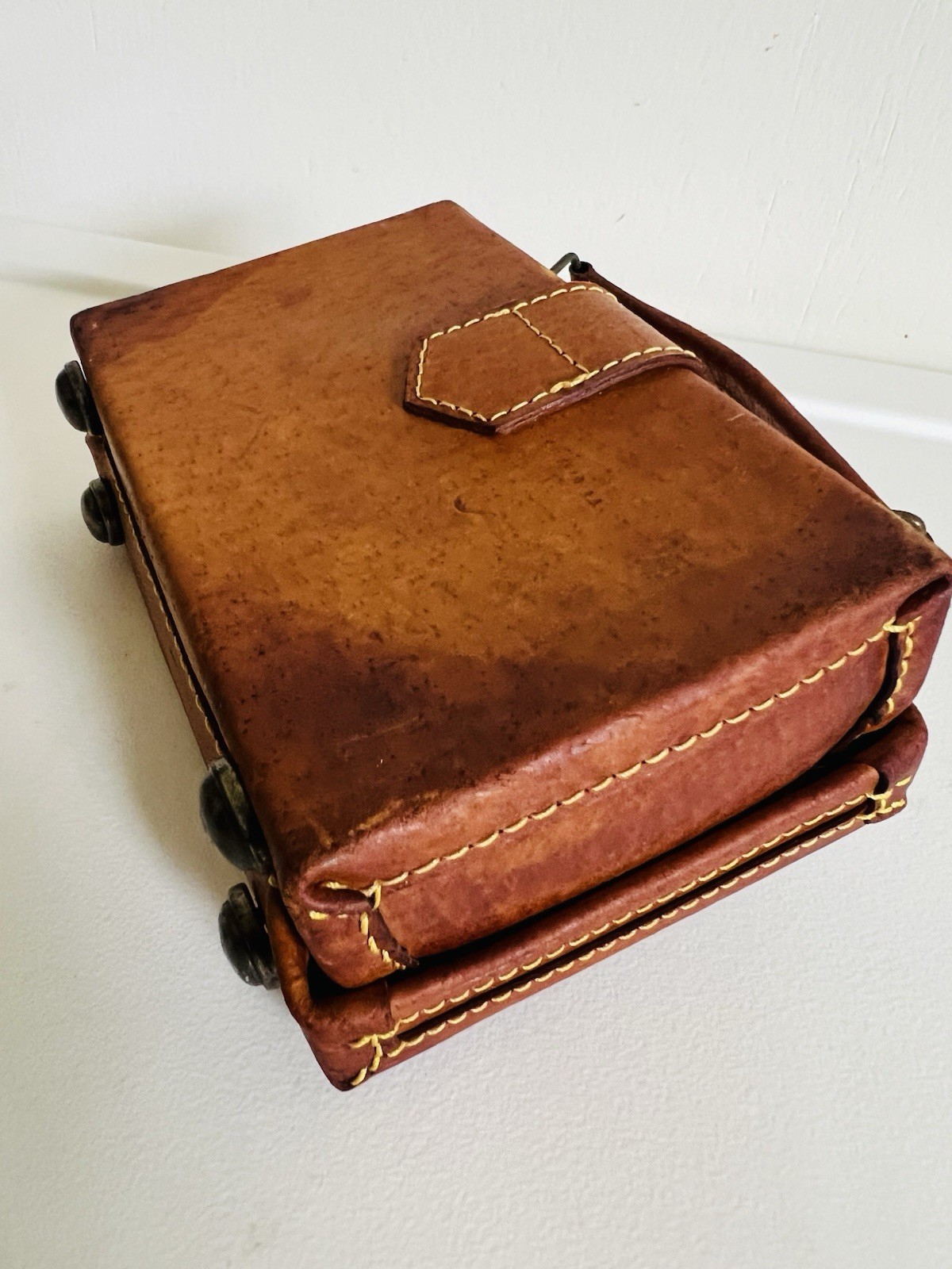 Vintage Leather Case Travel Stickers Magnetic Button Lined Mini Doll Suitcase 6”