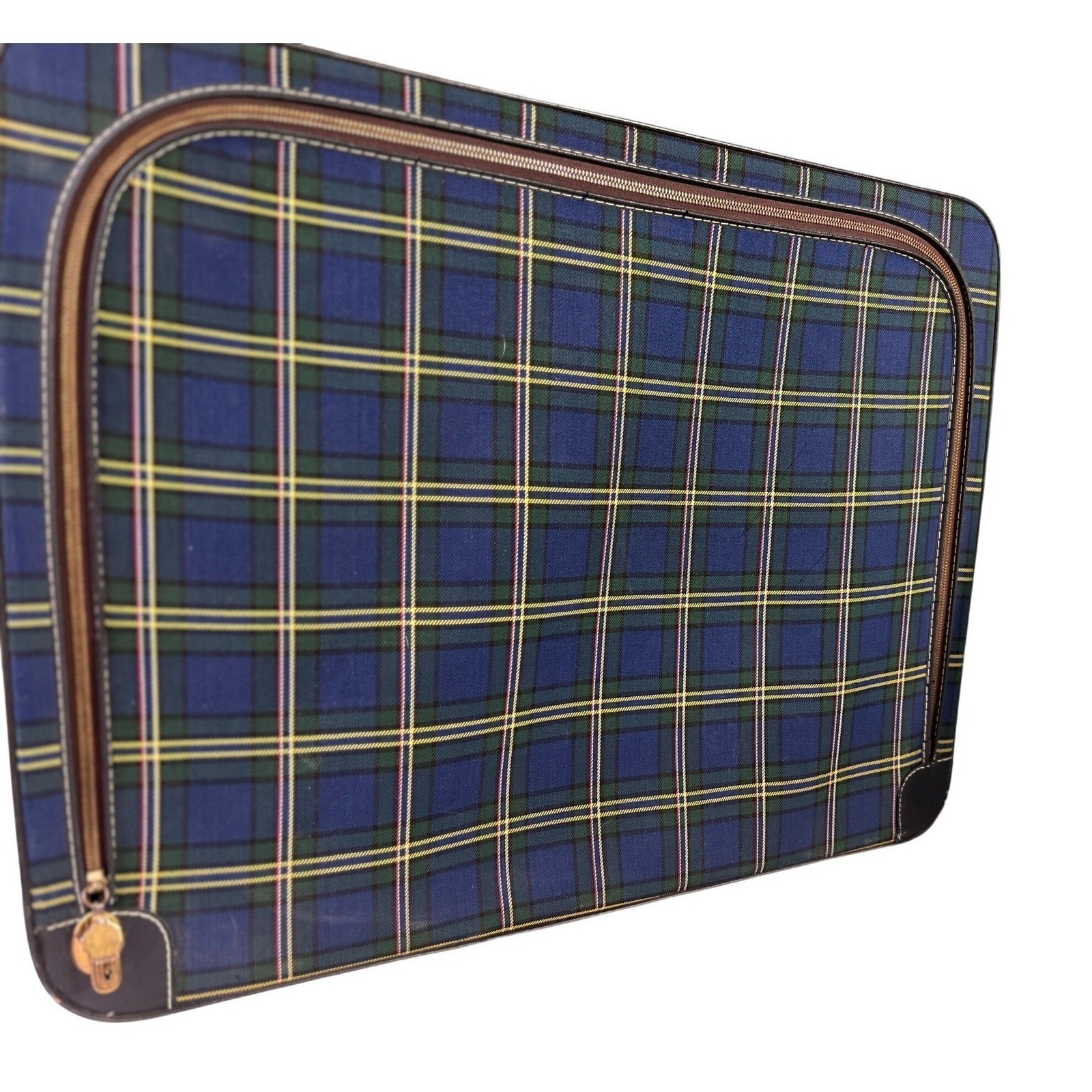 Vintage Leeds Plaid Suitcase Blue Green Soft Sided Luggage Retro Travel Bag