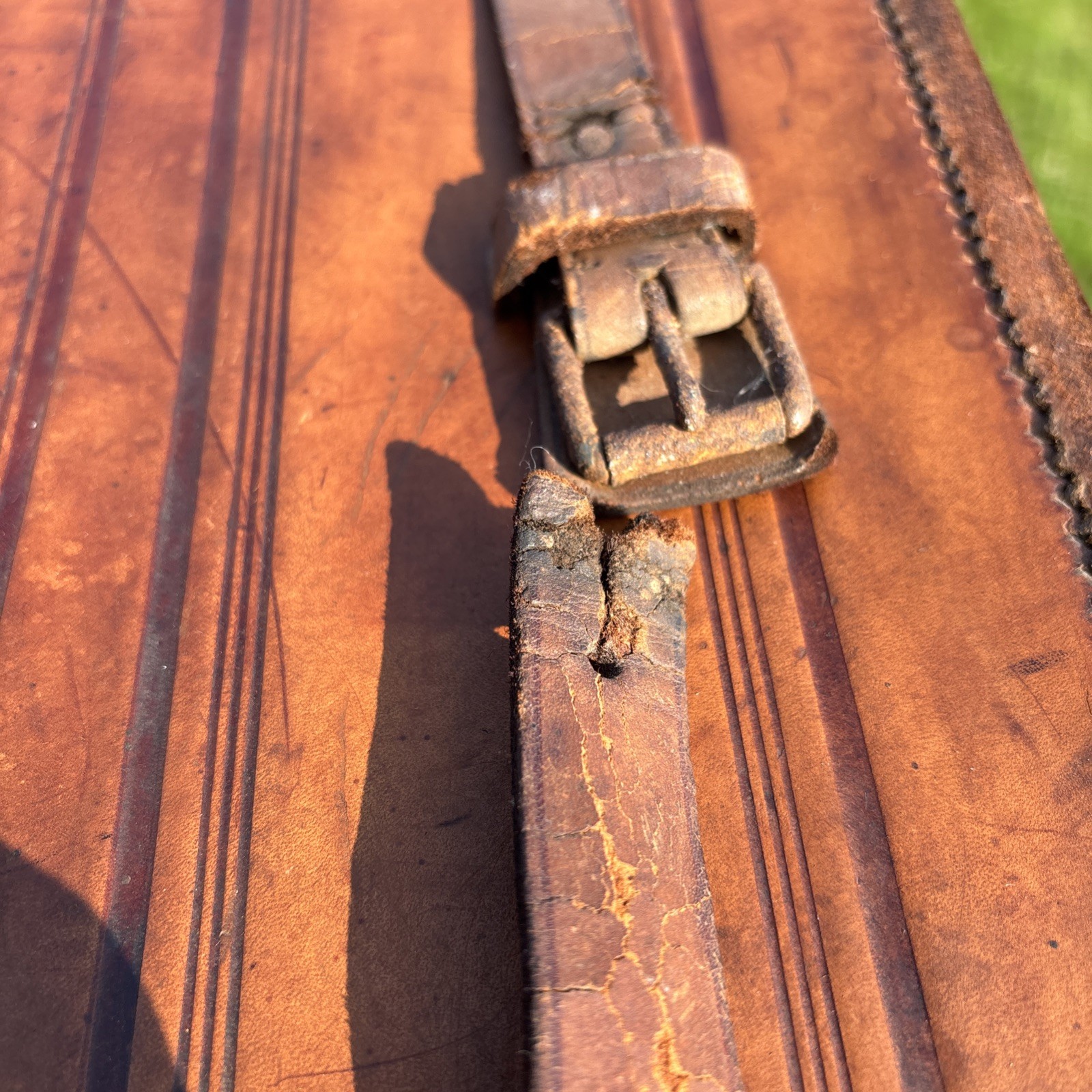 Old World European Antique Tooled Leather Suitcase Luggage 19x11x10 Decor Prop