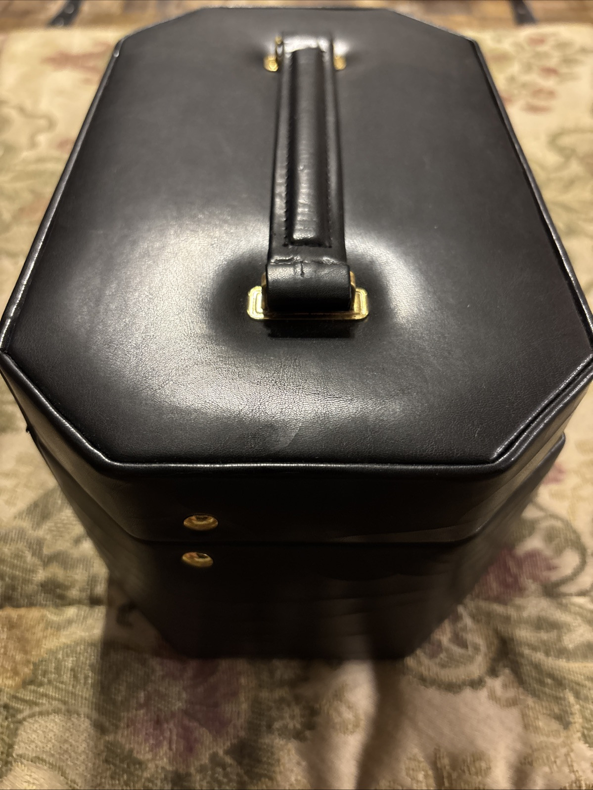Vintage Octagon Travel Cosmetic Train Case Black 9x6x6 W/ Mirror Keys New In Box