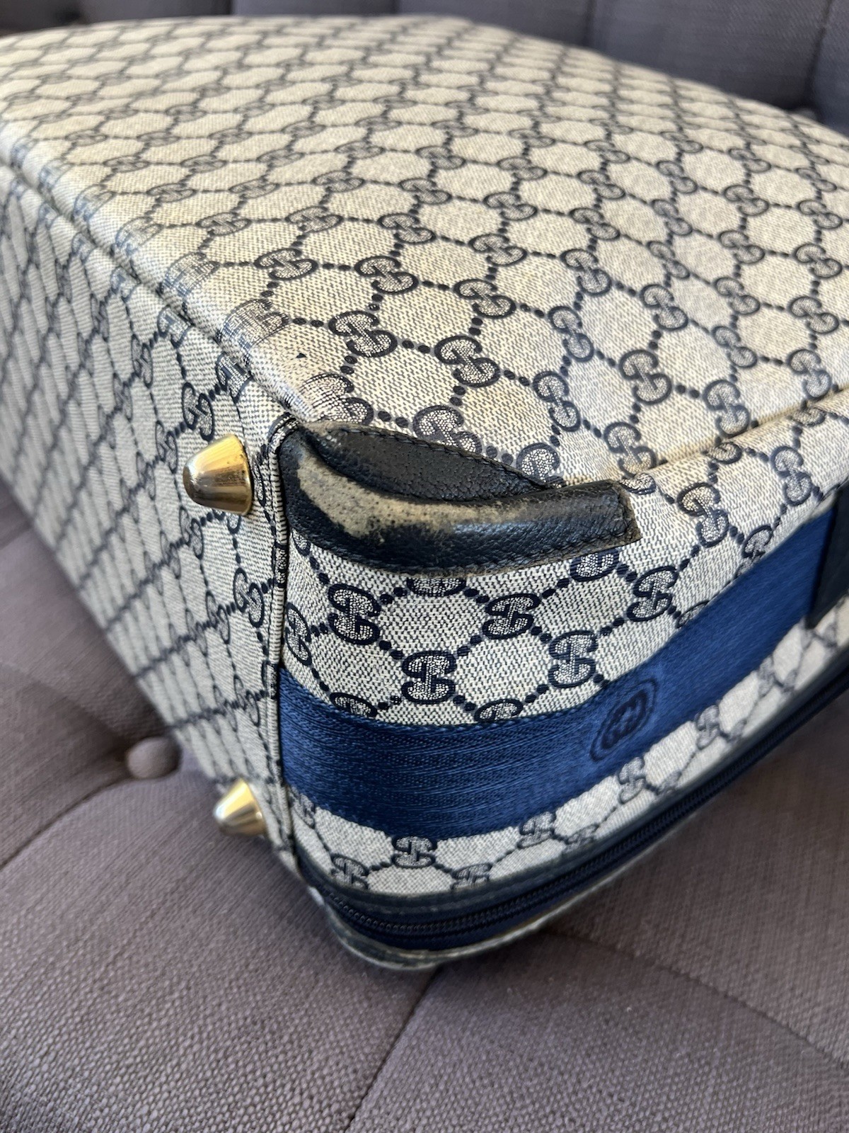 Authentic Vintage 1970s GUCCI Blue GG Monogram Coated Canvas Pilot Travel Bag