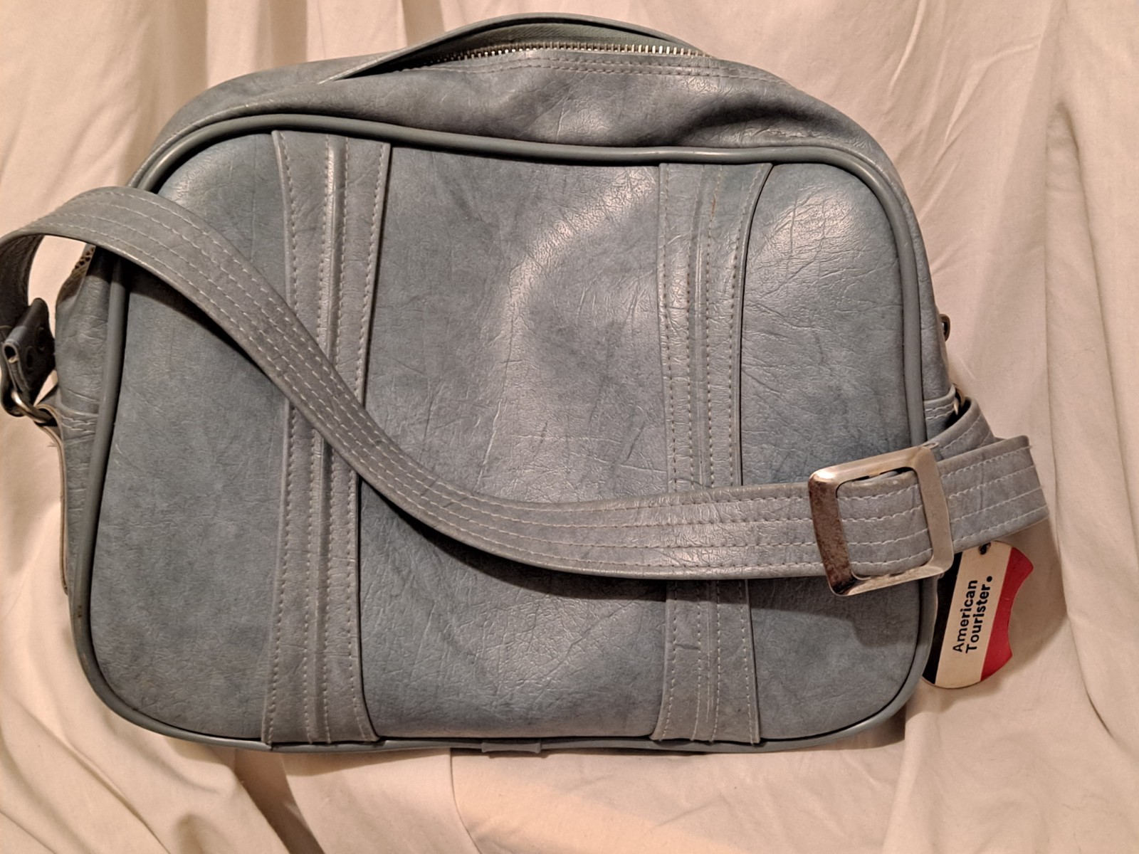 Vintage American Tourister Travel Carry On Bag Blue Vinyl Pleather 1975 Taiwan