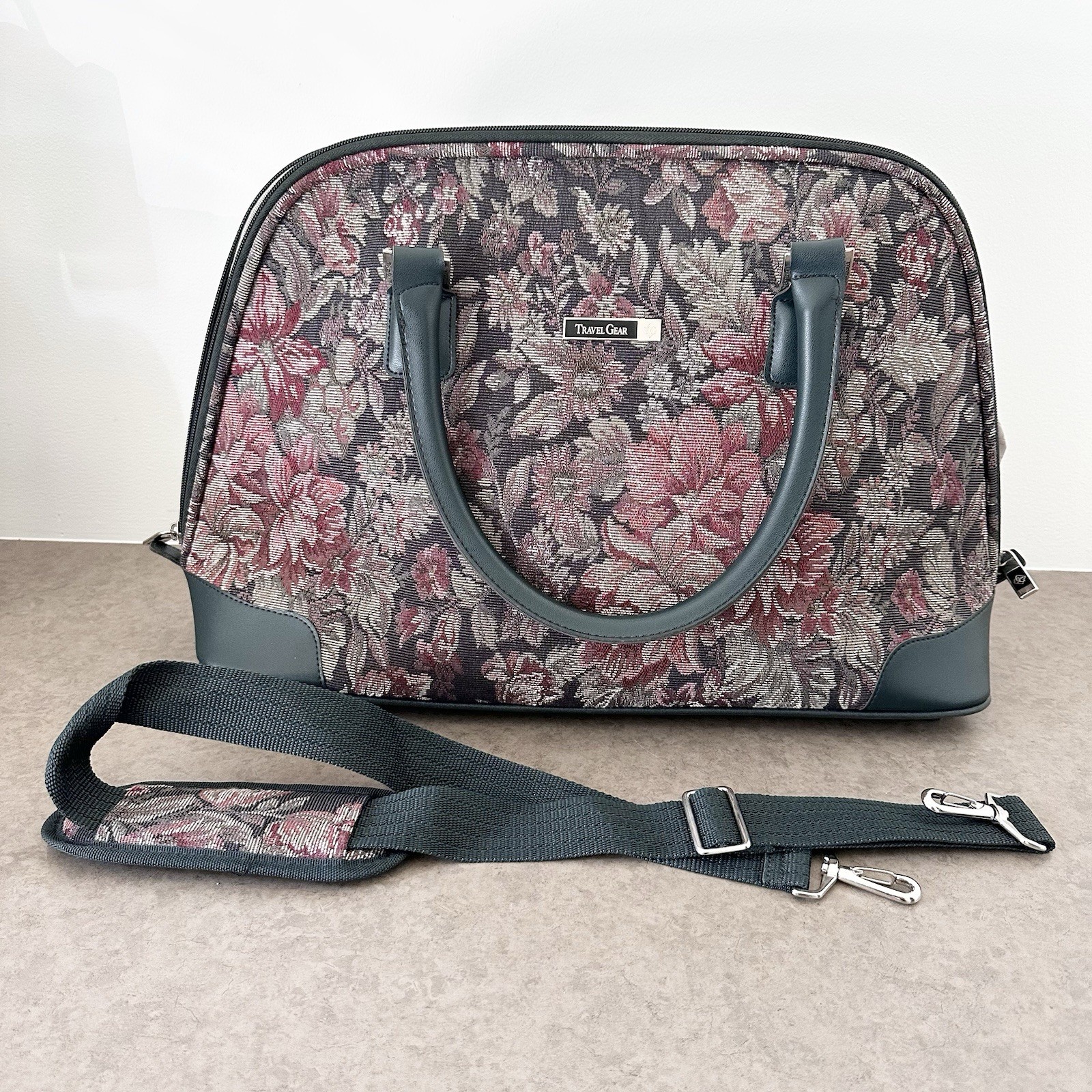 Vintage Travel Gear Tapestry Floral Satchel Luggage Mary Poppins Bag Green Rose
