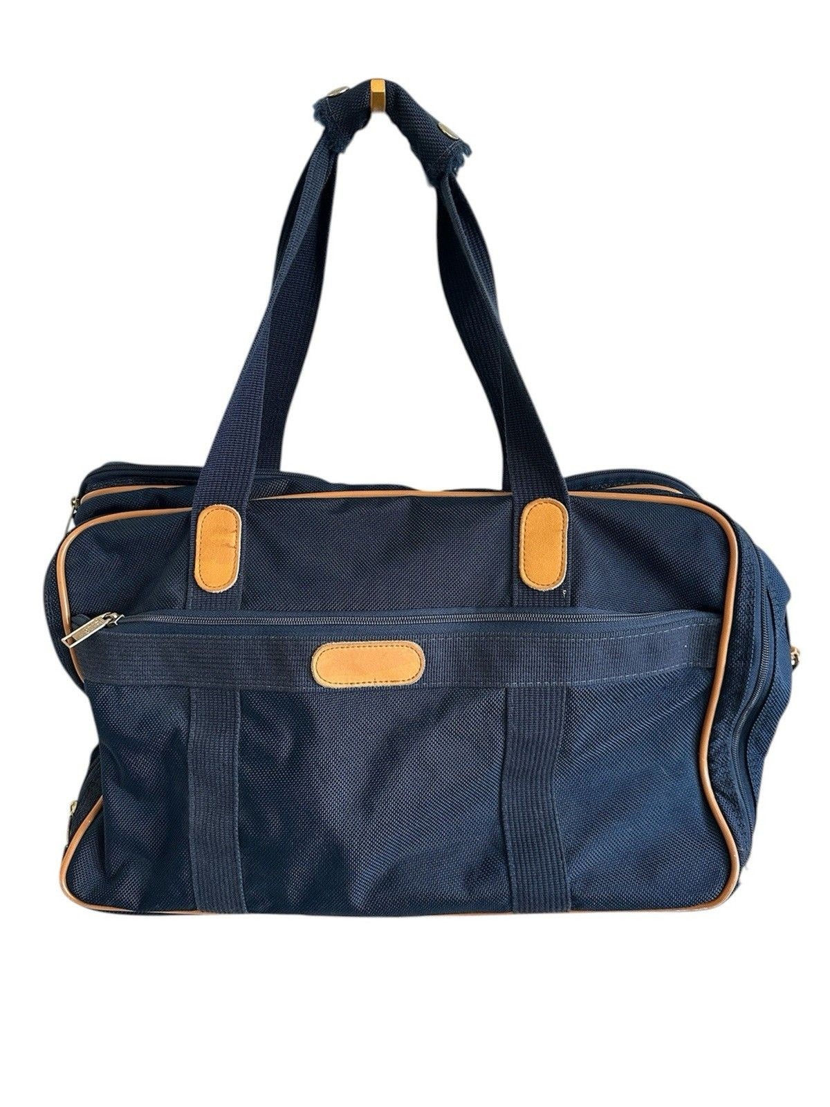 London Fog VTG Navy Canvas Weekender Duffle Bag Big Ben Logo Lining Leather Trim