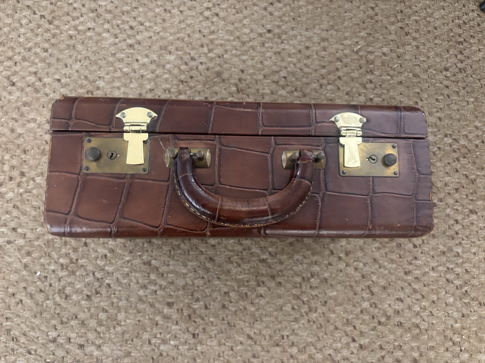 Vintage Brown Leather Art Deco Faux Crocodile Small Toiletry Travel Vanity Case
