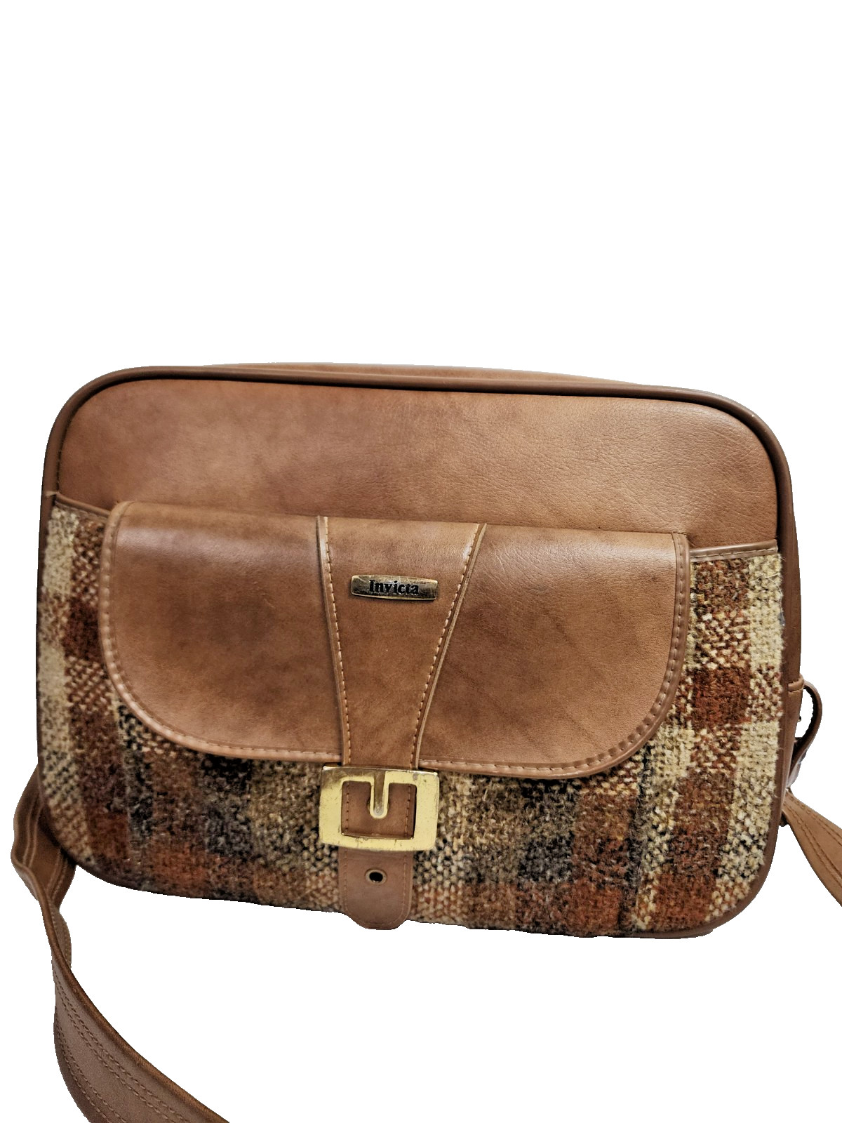Vtg Invicta Plaid Tweed Leather Carry On Duffel Shoulder Bag Weekender Brown 16″